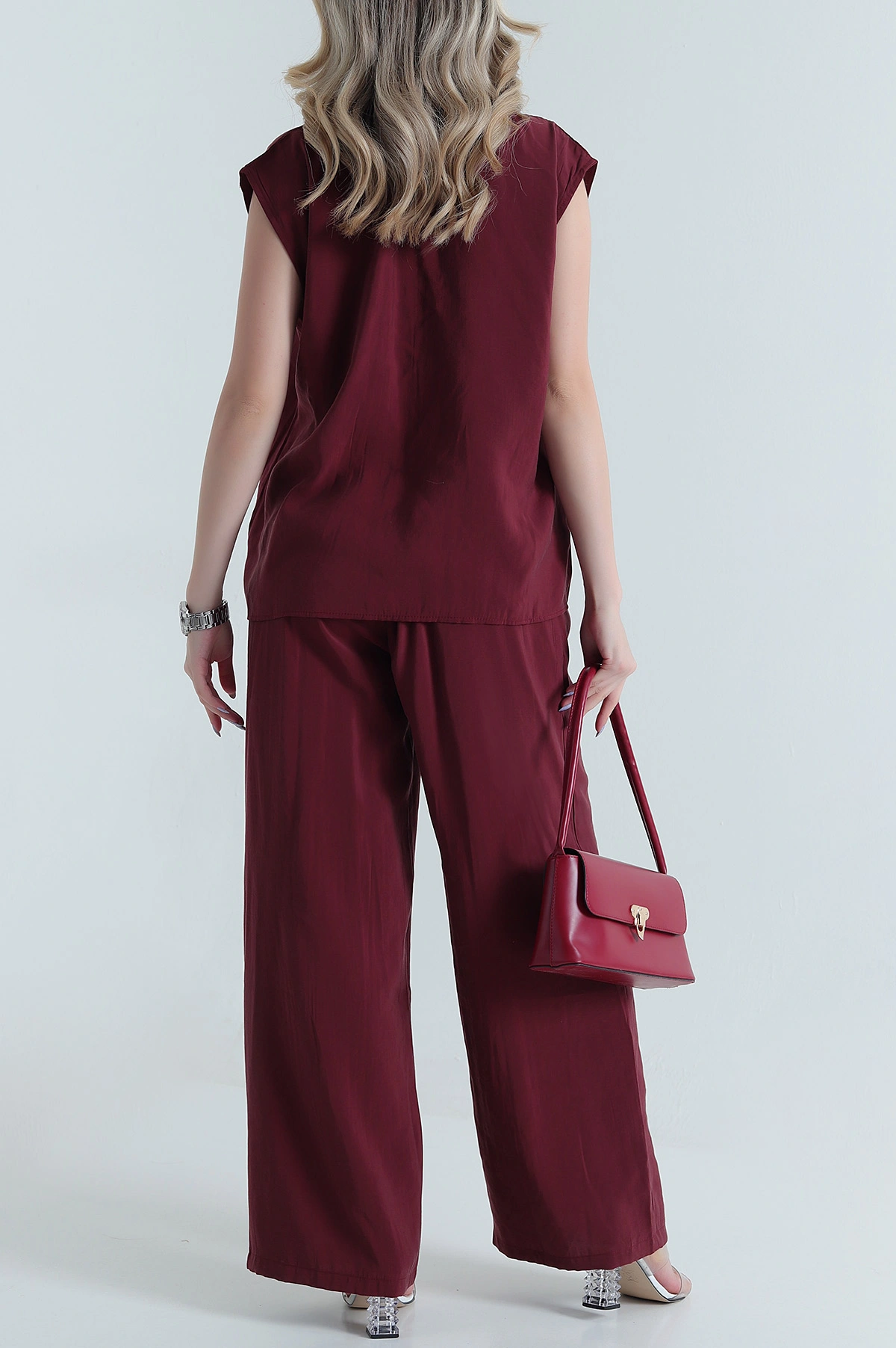 Bordo Yaka İncili Tencel Kadın İkili Takım 475221