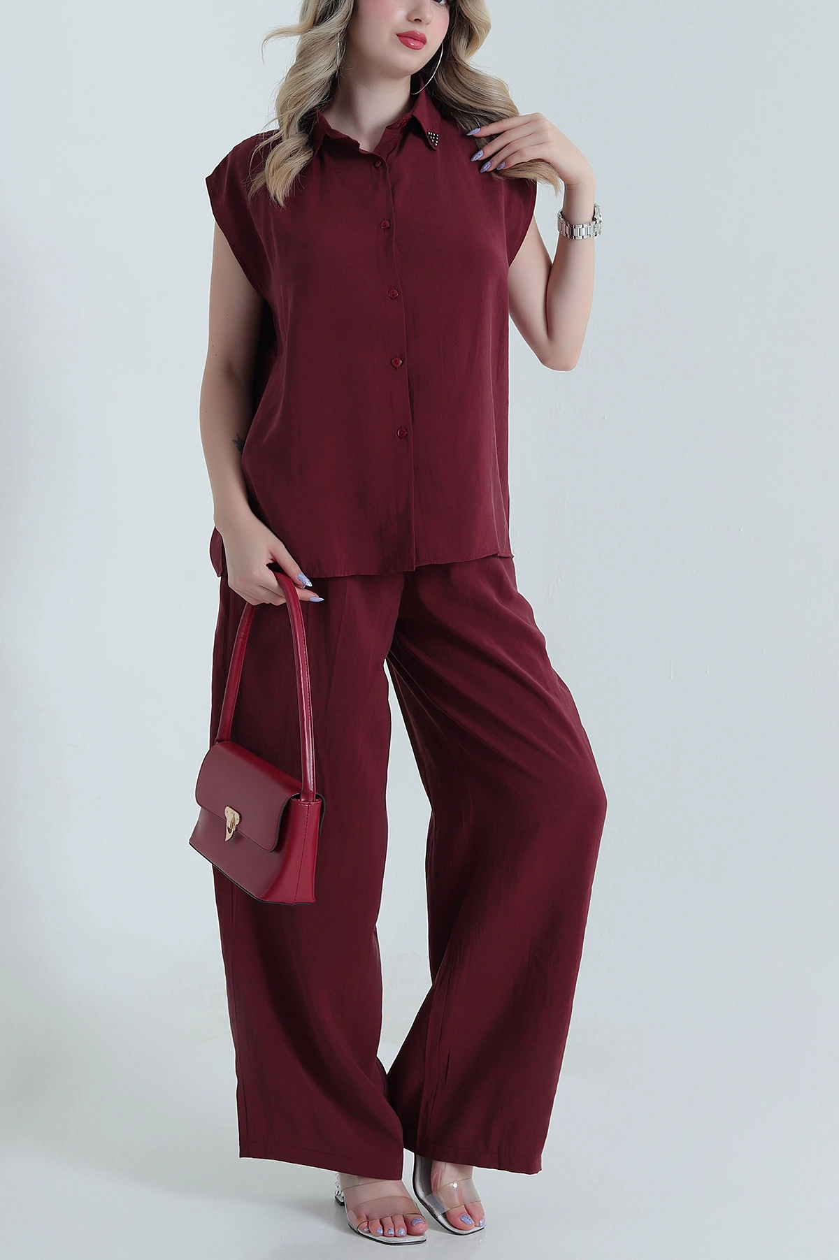 Bordo Yaka İncili Tencel Kadın İkili Takım 475221