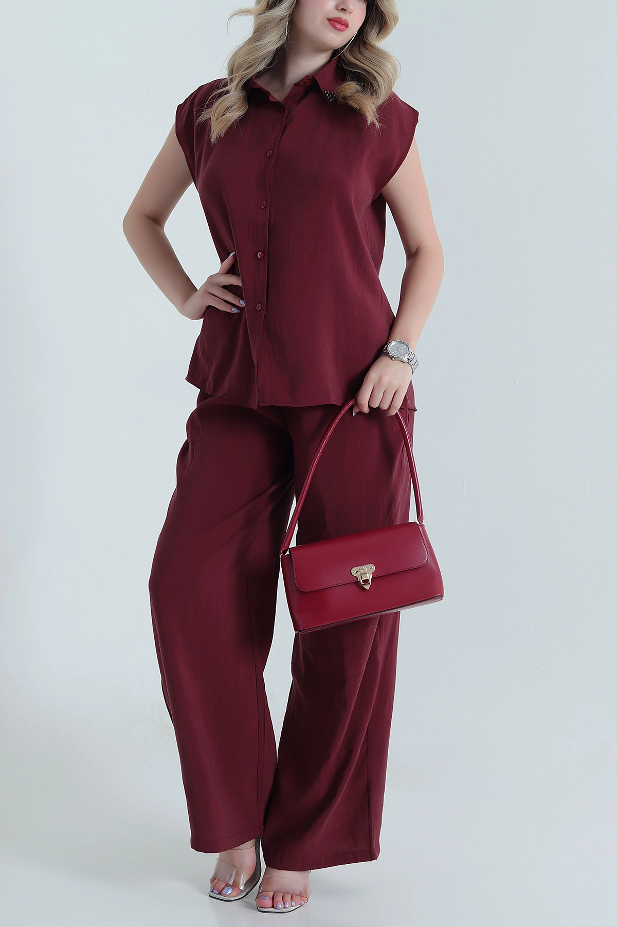 Bordo Yaka İncili Tencel Kadın İkili Takım 475221