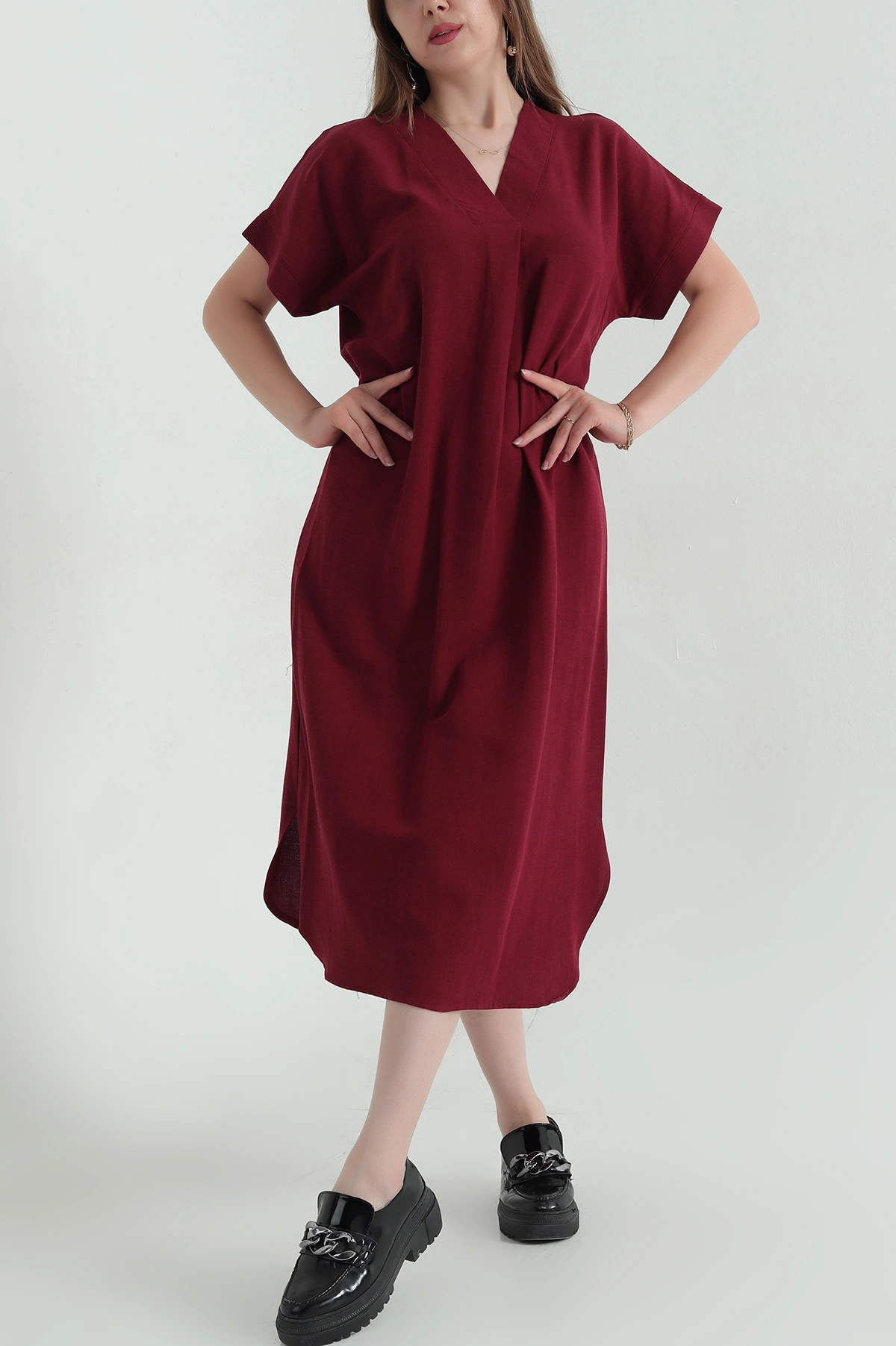 Bordo Yaka Katlama Detay Terni Kadın Elbise 364462
