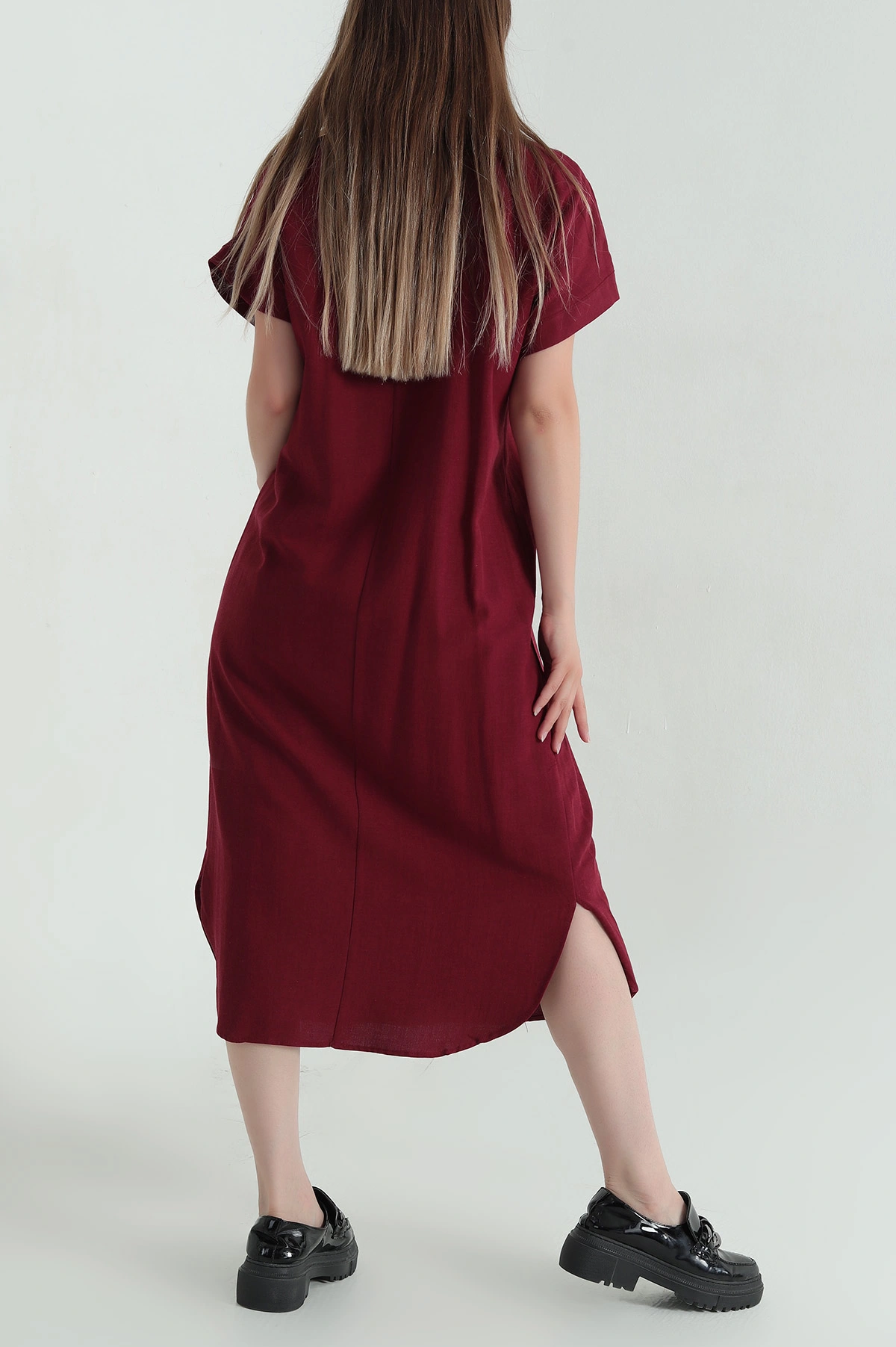 Bordo Yaka Katlama Detay Terni Kadın Elbise 364462