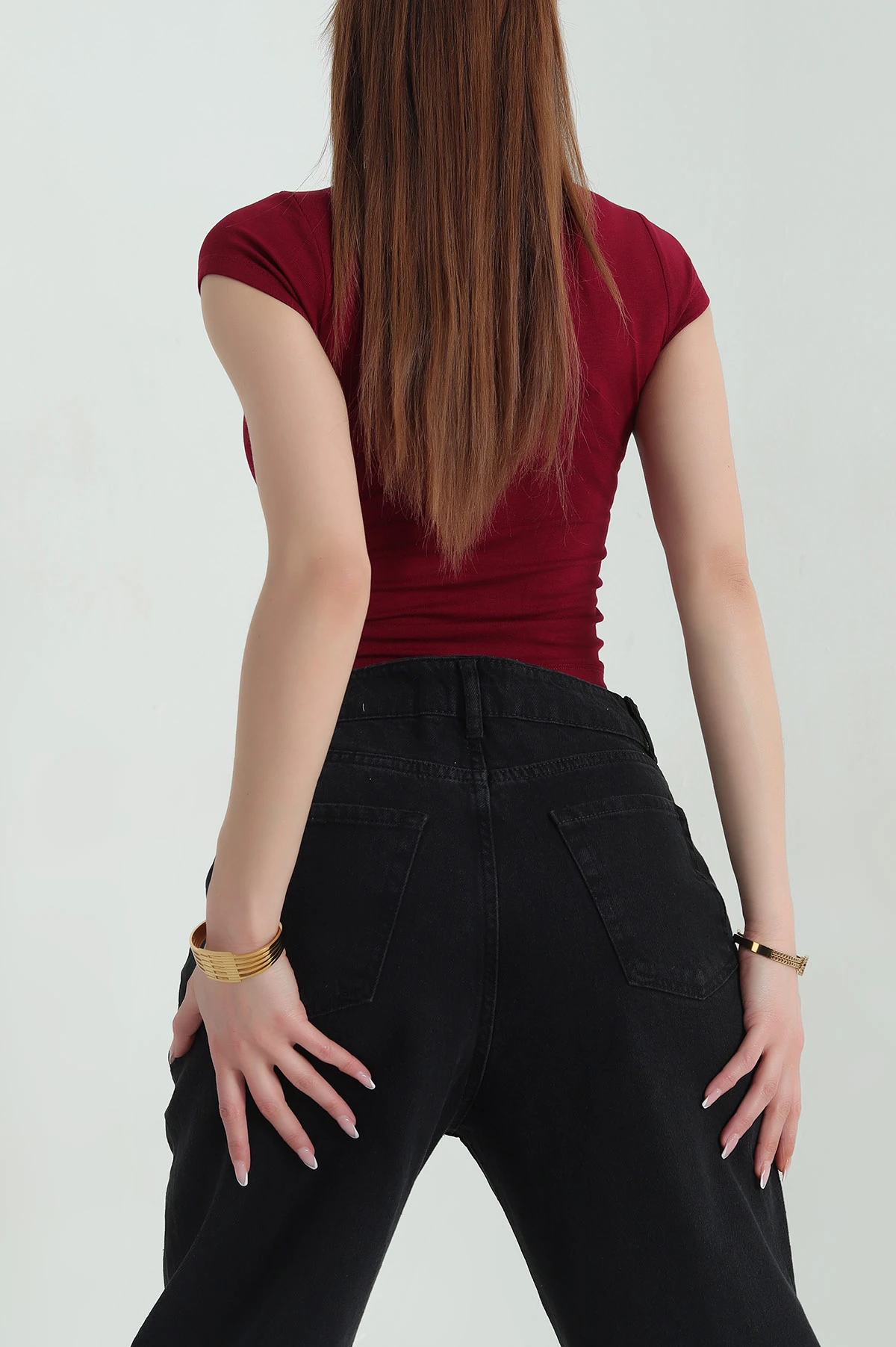 Bordo Yaka Taşlı Likralı Bluz 357030