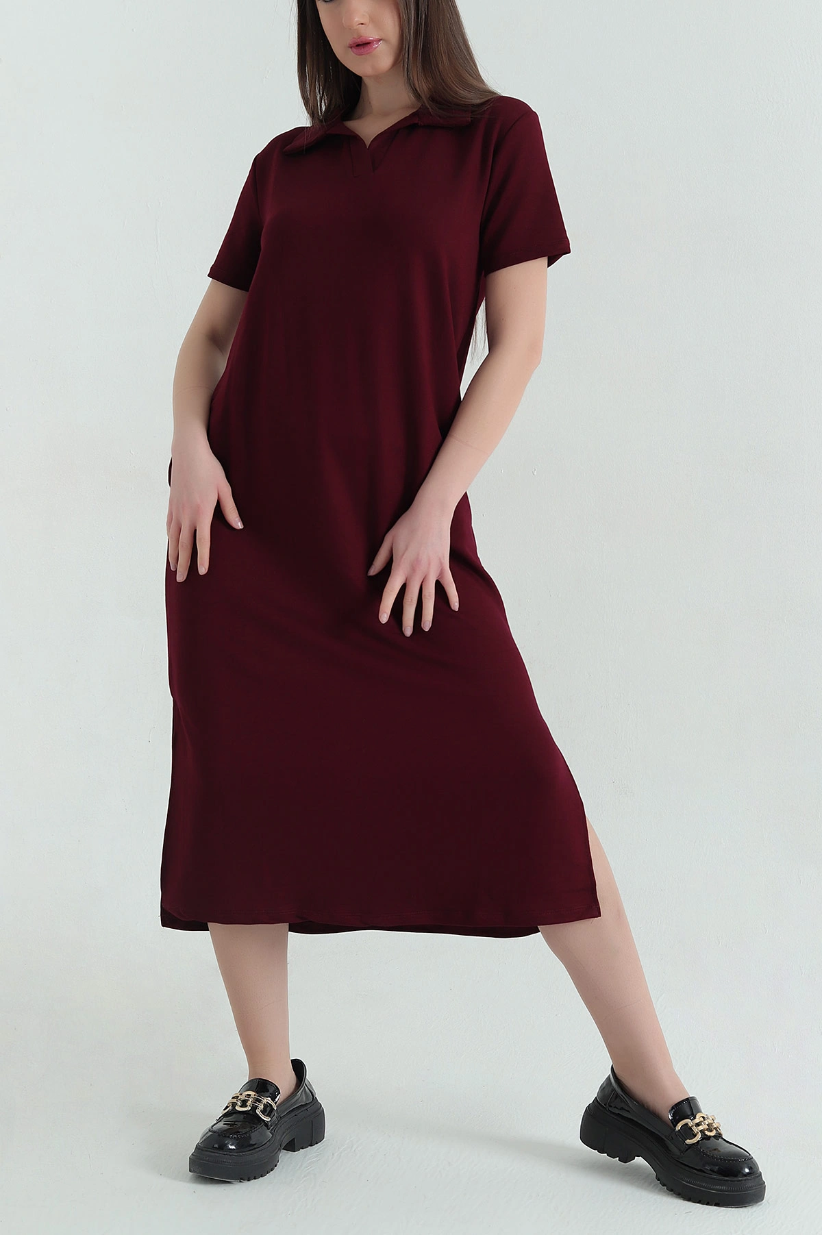 Bordo Yakalı Cepli Oysho Kumaş Elbise 358932