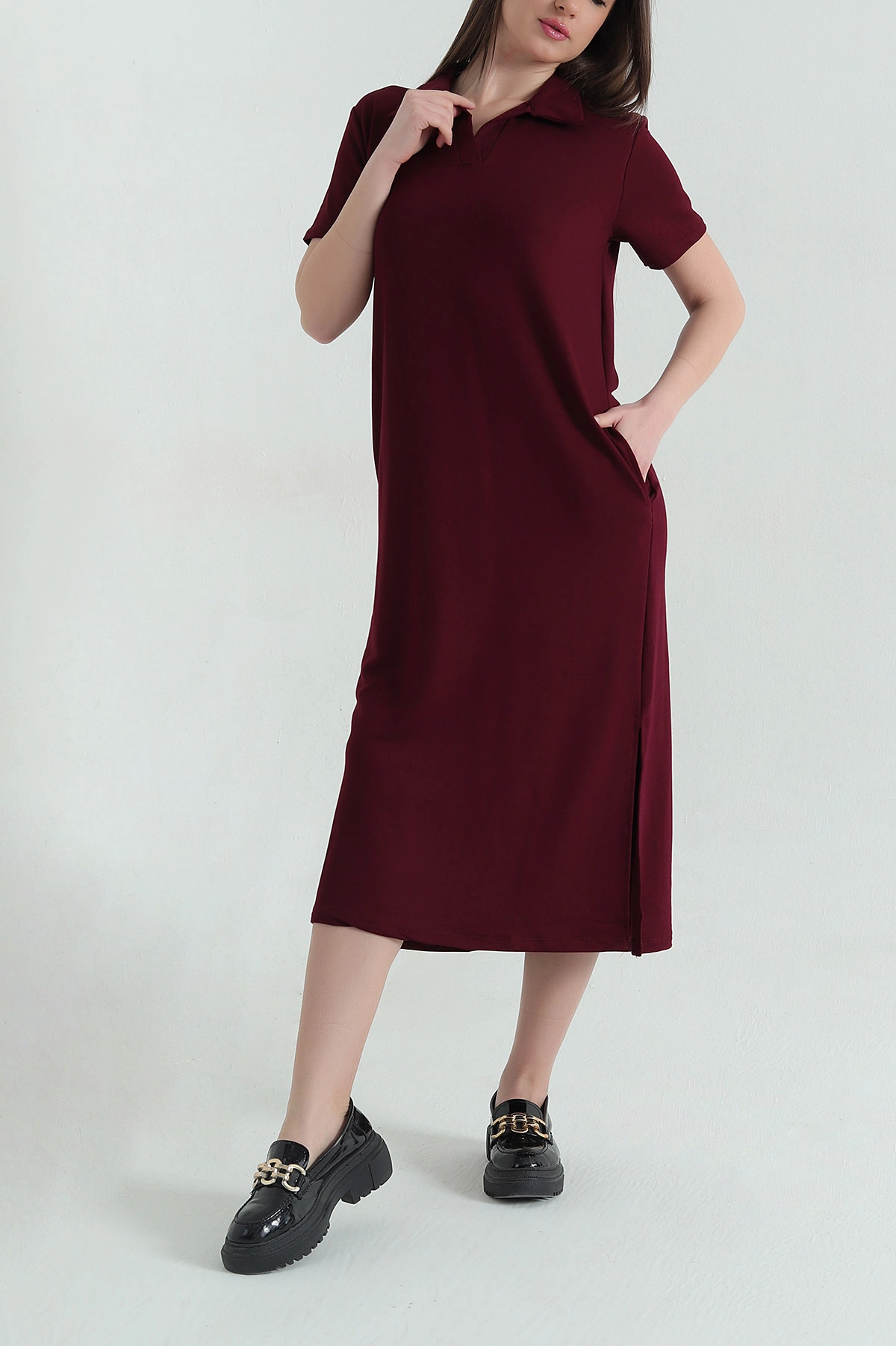 Bordo Yakalı Cepli Oysho Kumaş Elbise 358932