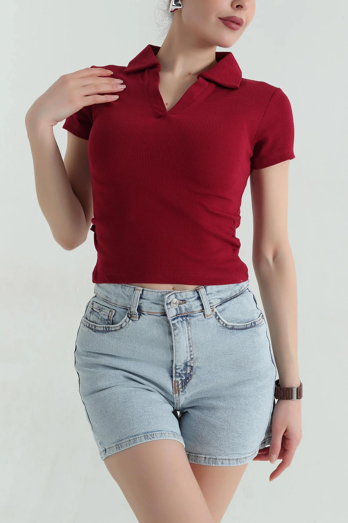 Bordo Yakalı Fitilli Bluz 360199