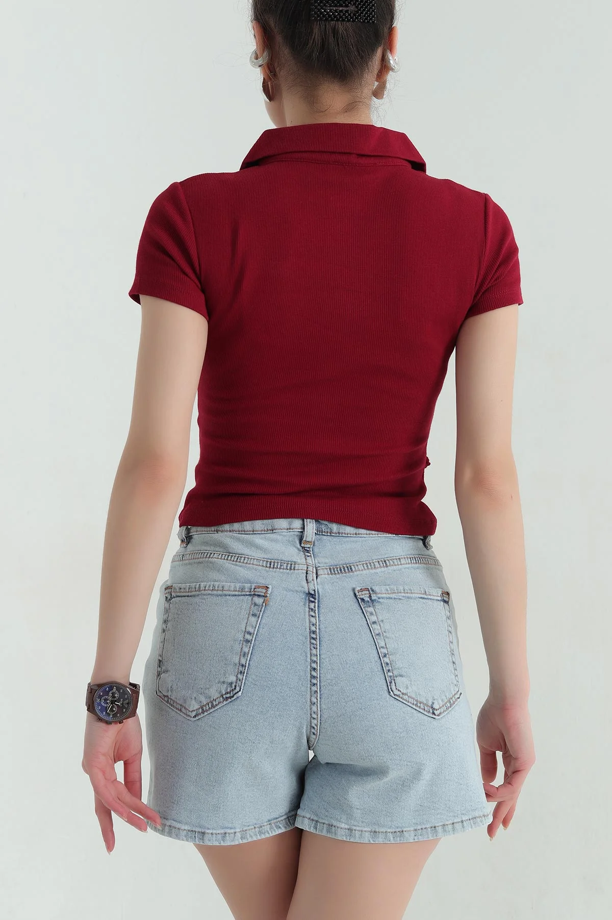 Bordo Yakalı Fitilli Bluz 360199