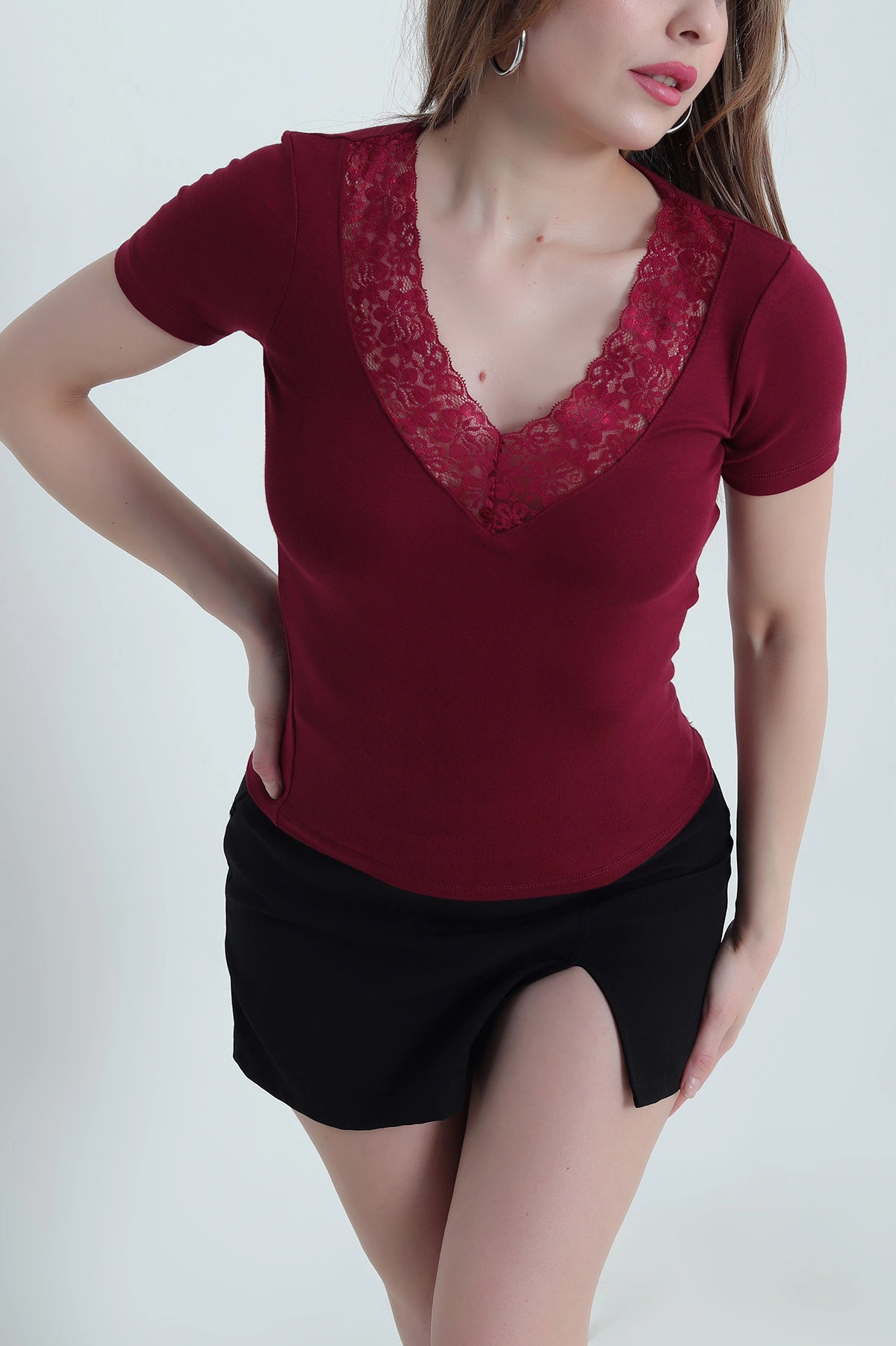 Bordo Yakası Dantelli Buzzy Kadın Bluz 442712