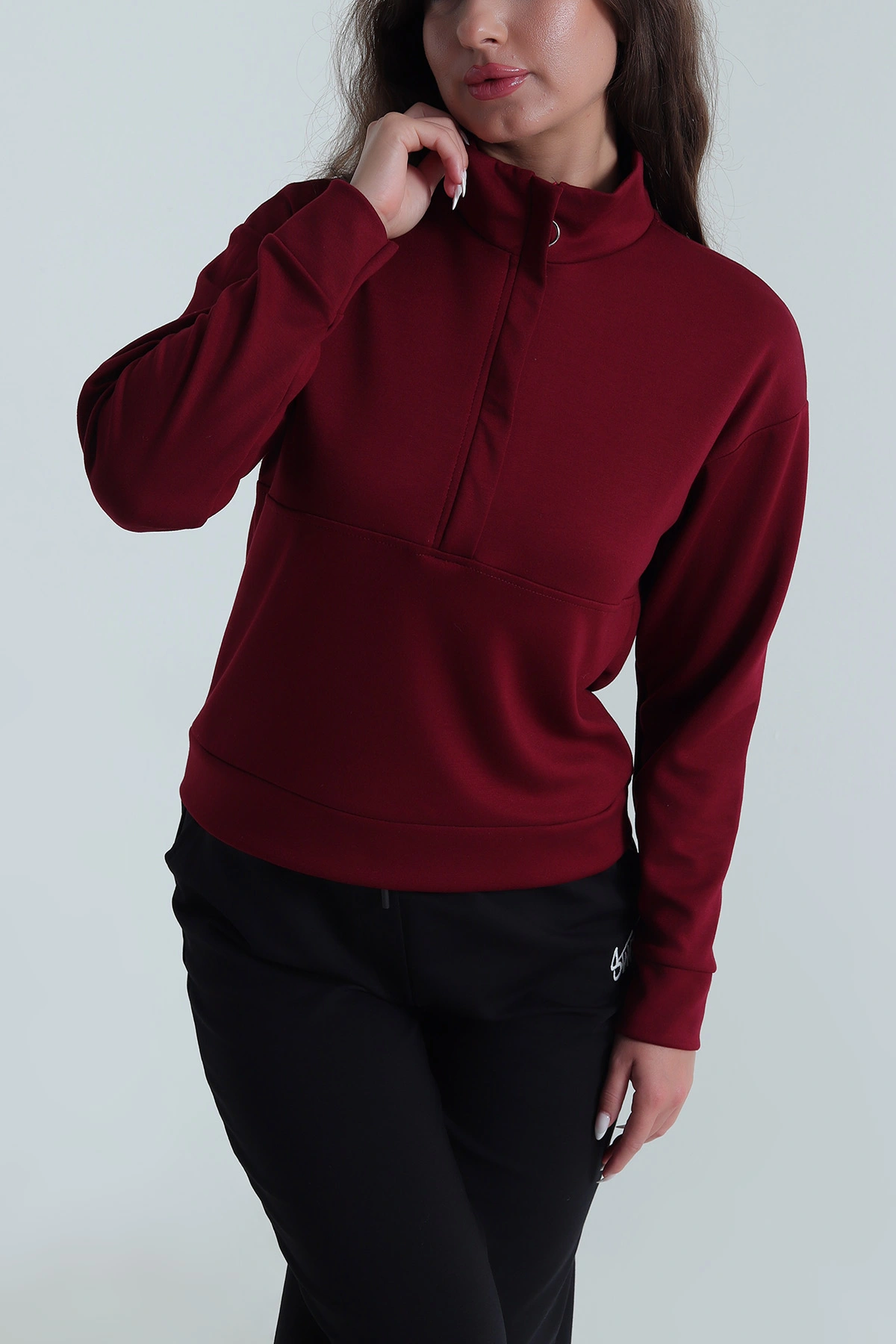 Bordo Yakası Fermuarlı Modal Kadın Sweat 488254