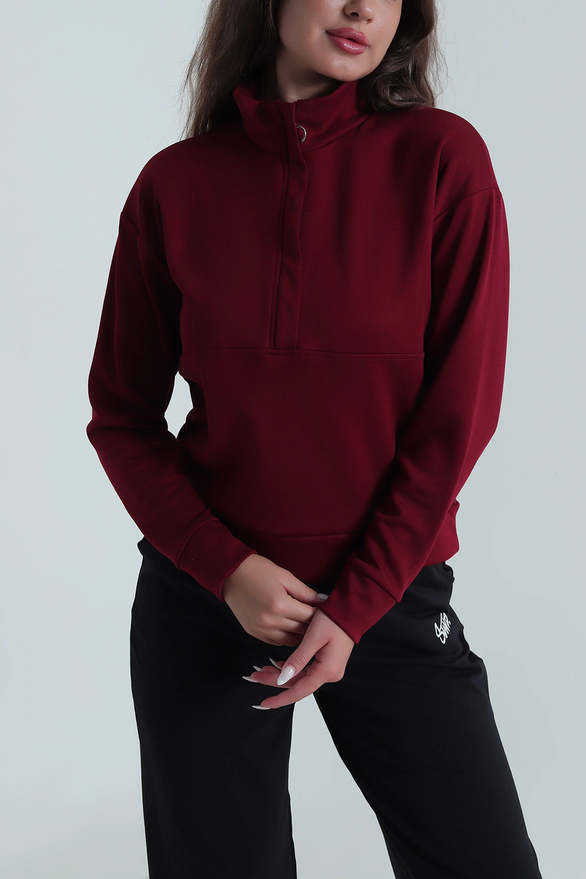 Bordo Yakası Fermuarlı Modal Kadın Sweat 488254