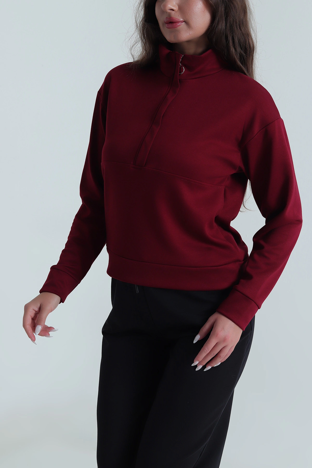 Bordo Yakası Fermuarlı Modal Kadın Sweat 488254