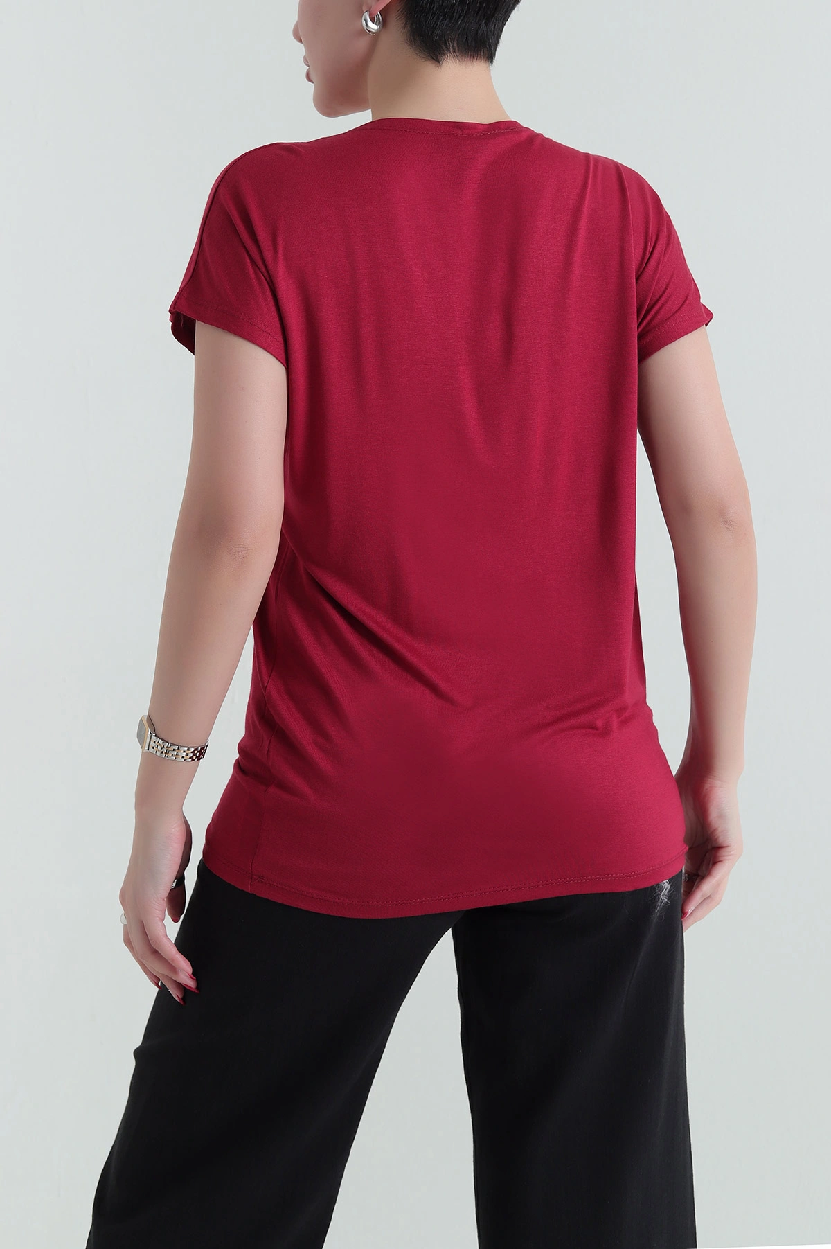 Bordo Yakası Fermuarlı Viskon Kadın Bluz 432021