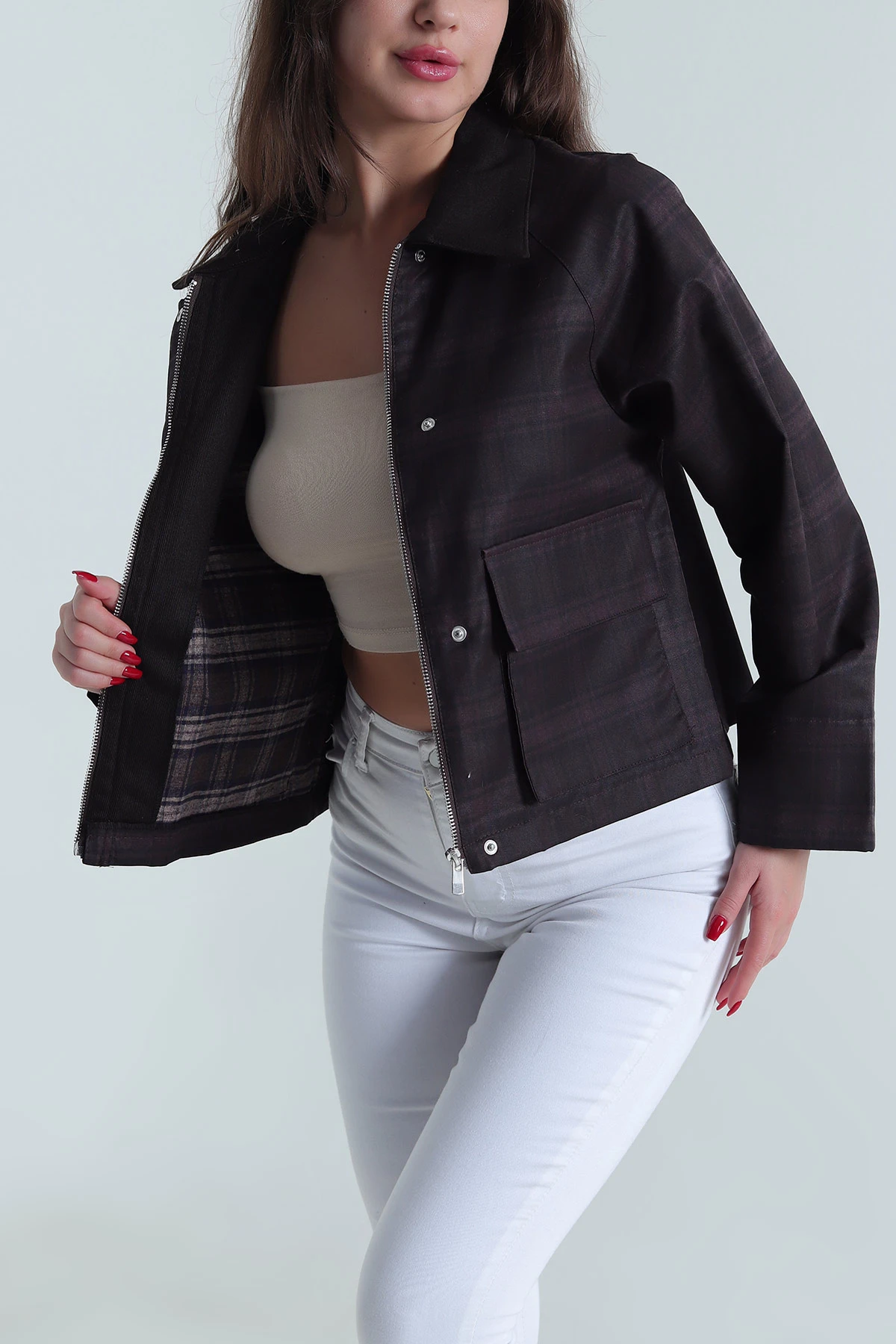 Bordo Yakası Kadife Kadın Mevsimlik Mont 493909