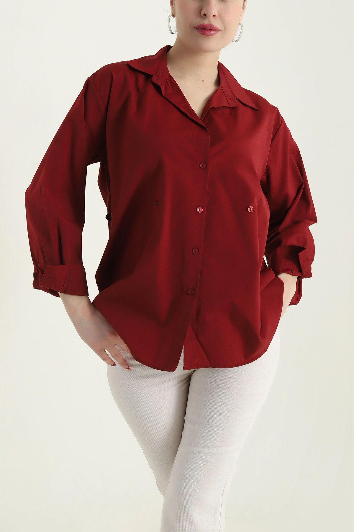 Bordo Yan Düğmeli Poplin Kadın Gömlek 428459