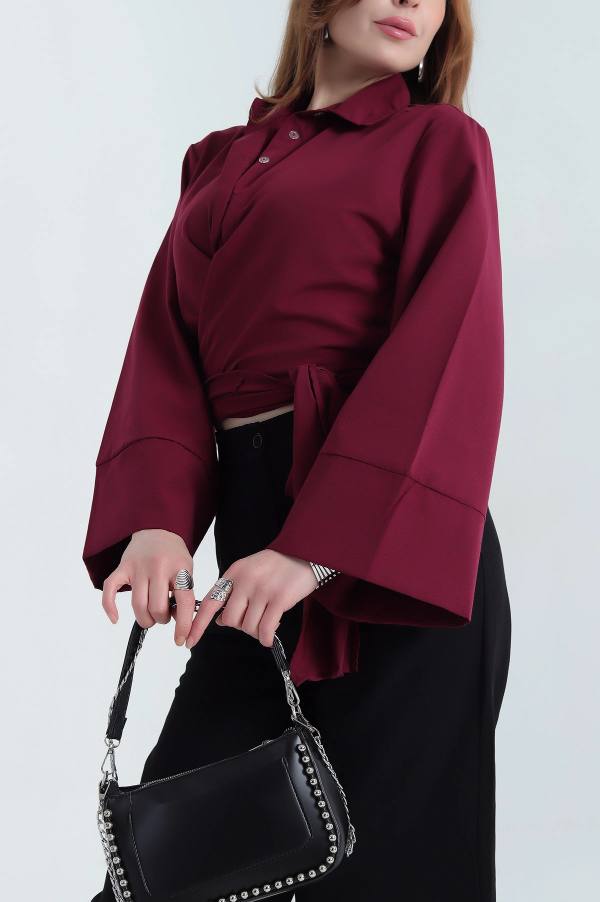 Bordo Yandan Bağlamalı Bayan Poplin Gömlek 337792
