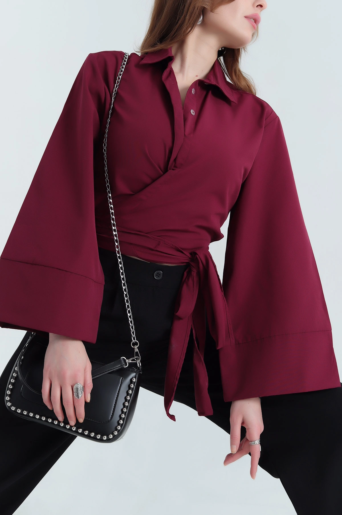 Bordo Yandan Bağlamalı Bayan Poplin Gömlek 337792