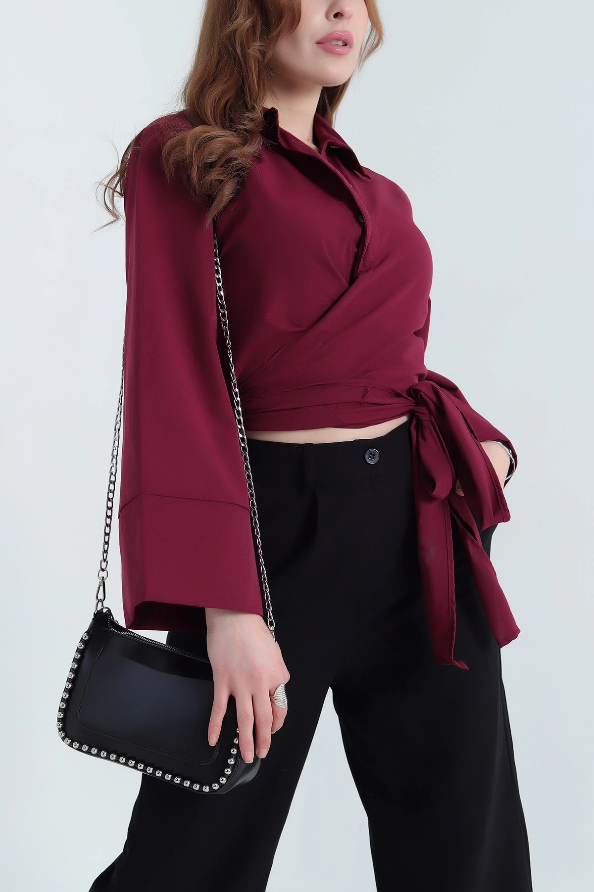 Bordo Yandan Bağlamalı Bayan Poplin Gömlek 337792