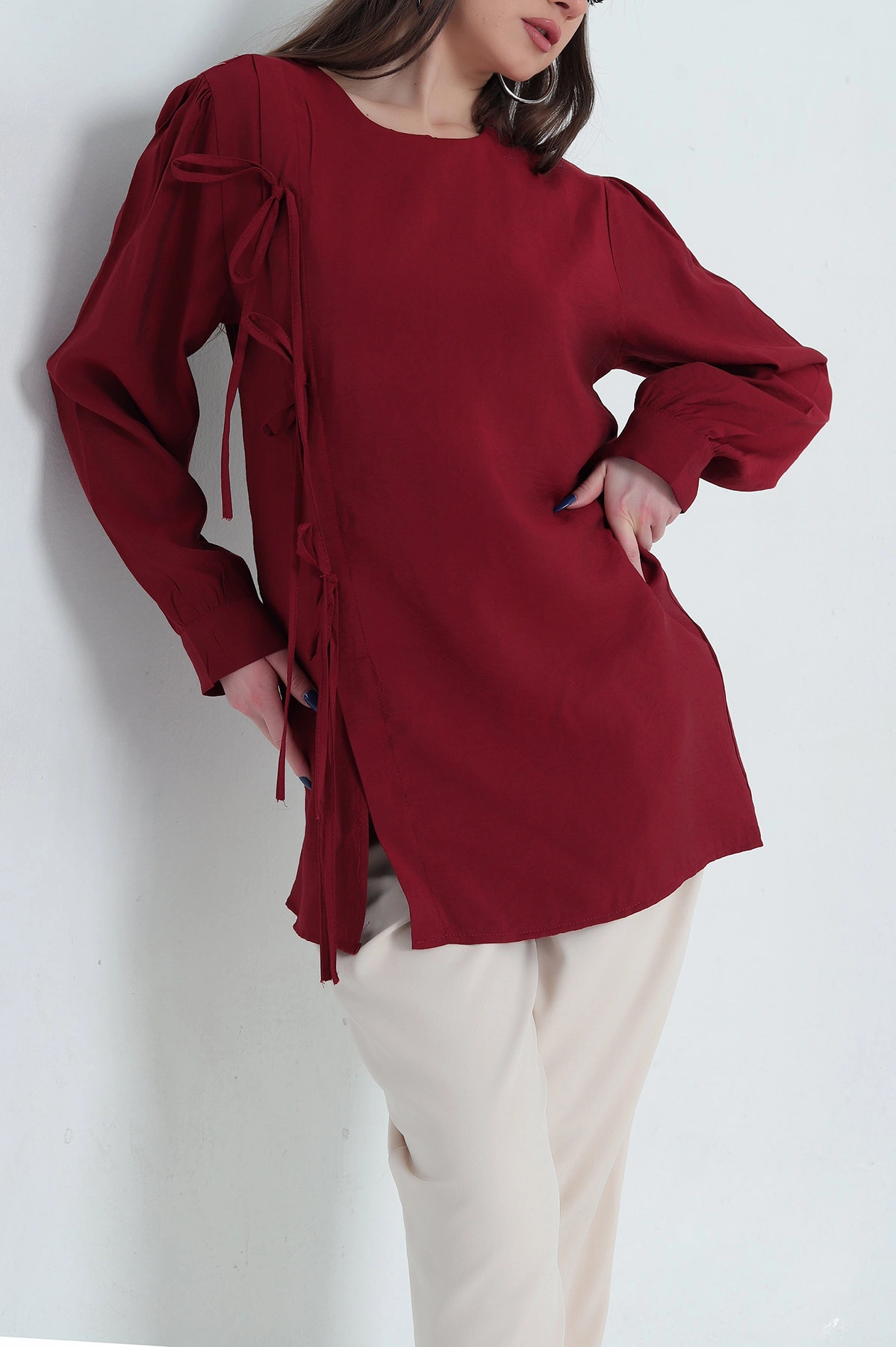 Bordo Yandan Bağlamlı Gömlek Bluz 338760