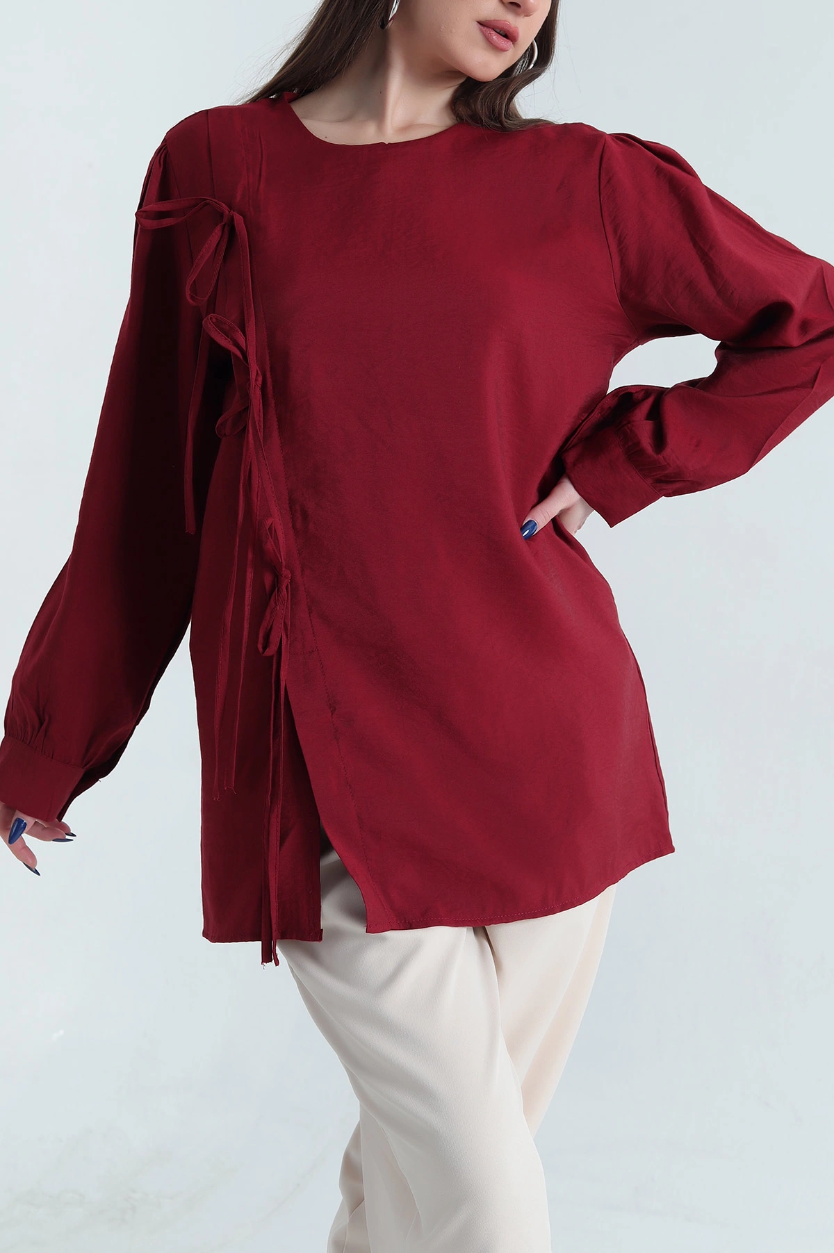 Bordo Yandan Bağlamlı Gömlek Bluz 338760