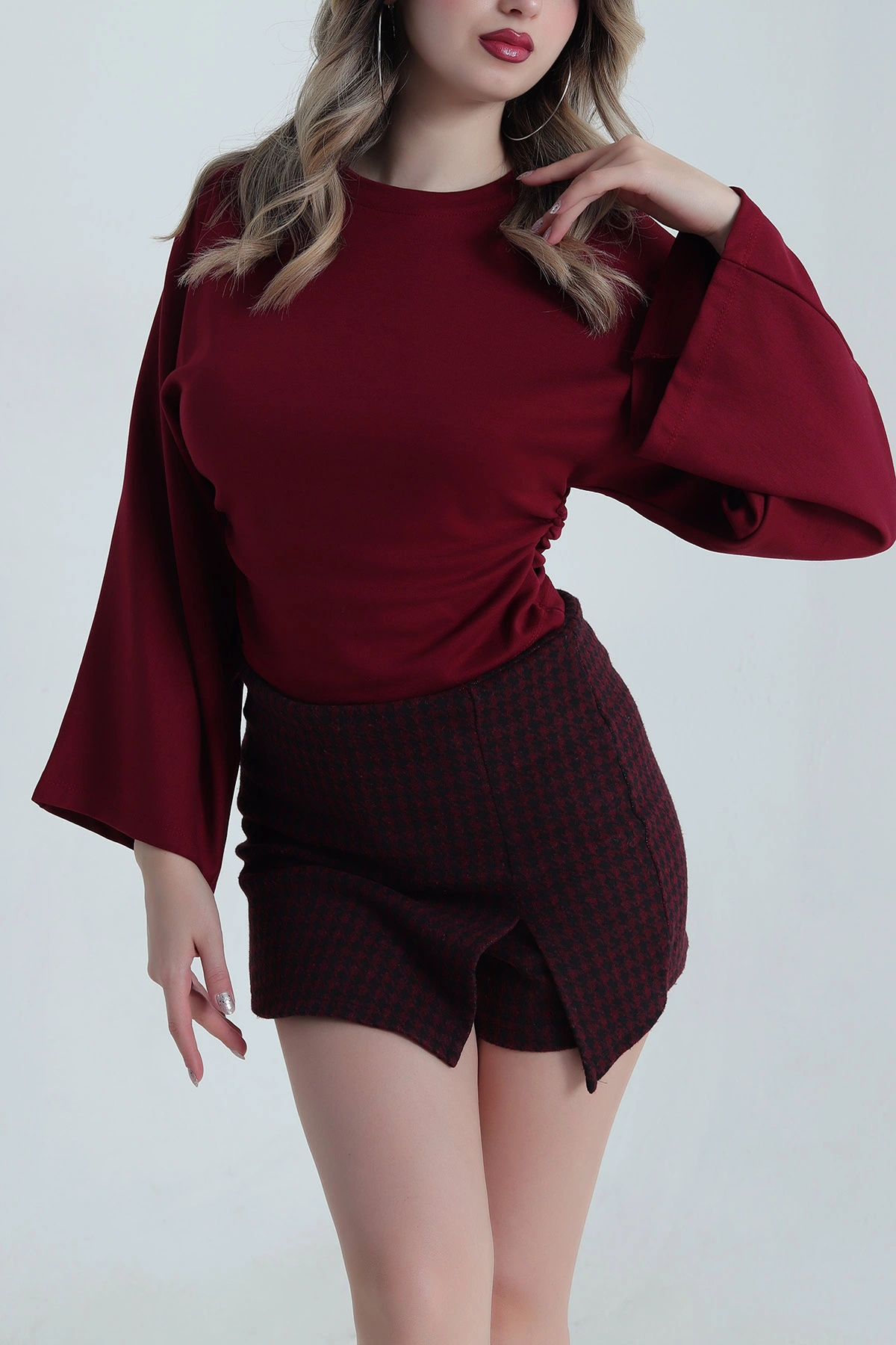 Bordo Yanı Büzgülü Modal Kadın Bluz 491259