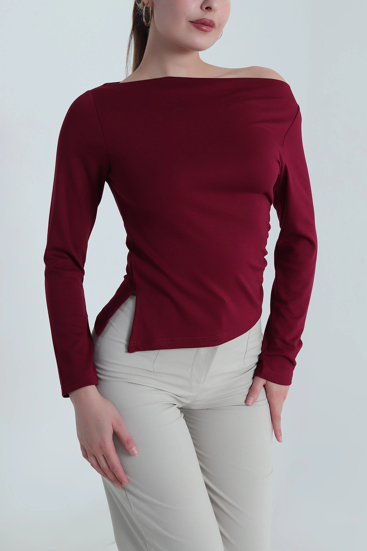 Bordo Yanı Büzgülü Modal Likralı Kadın Bluz 484450