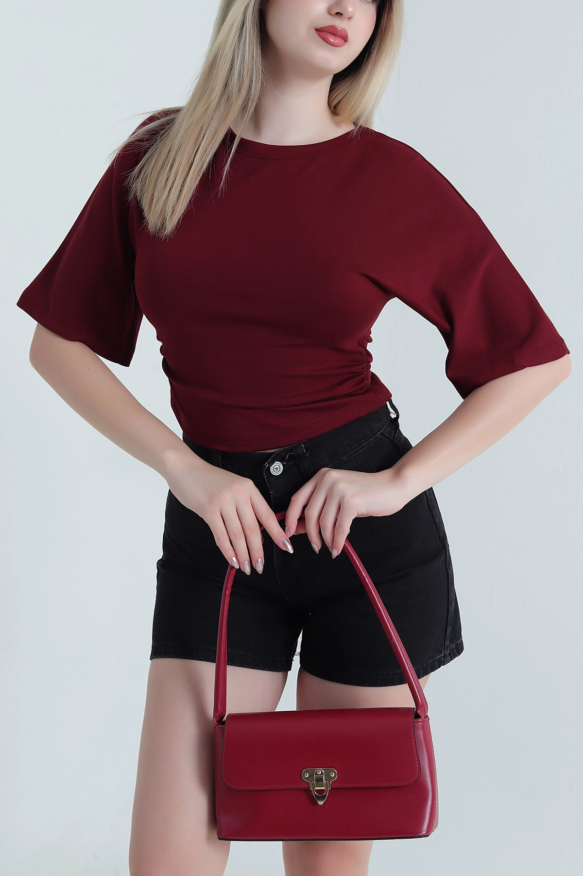 Bordo Yanı Büzgülü Oysho Kadın Tişört 469630