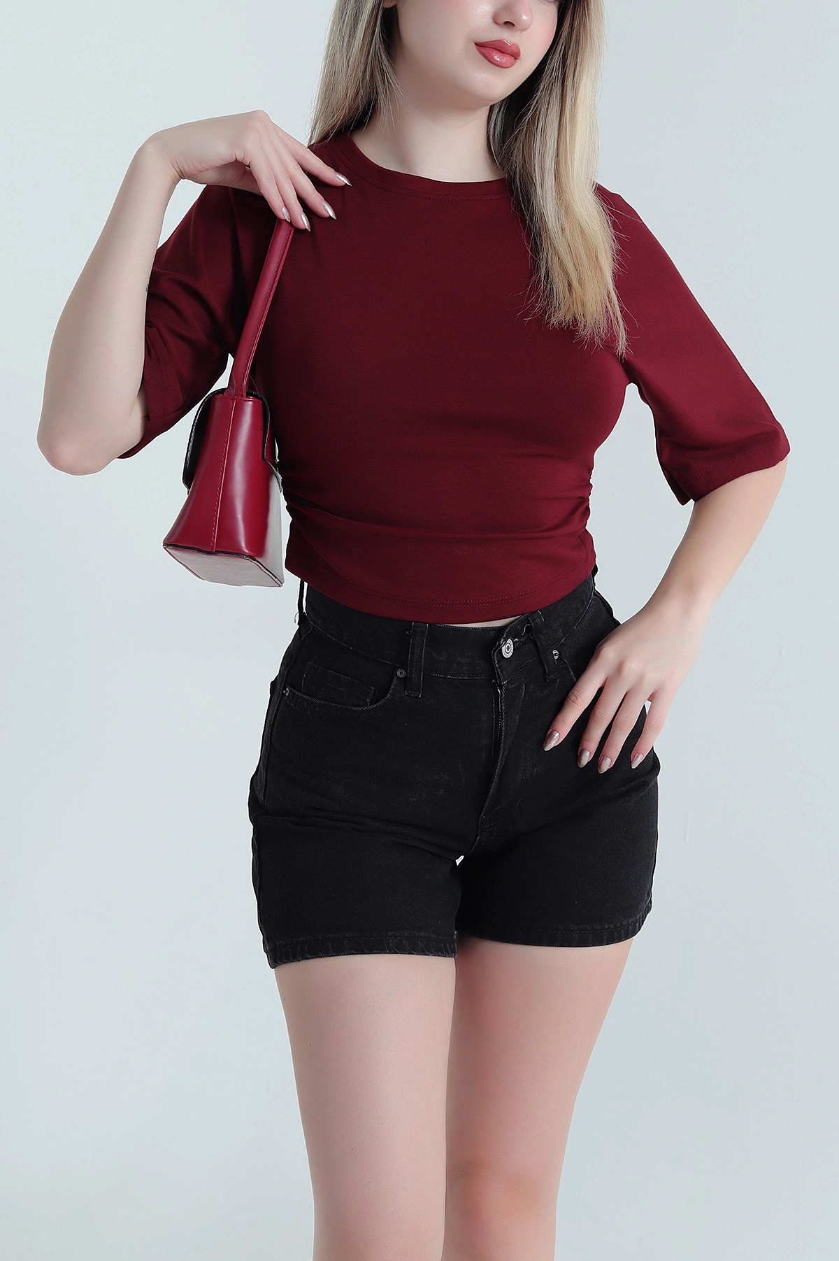 Bordo Yanı Büzgülü Oysho Kadın Tişört 469630