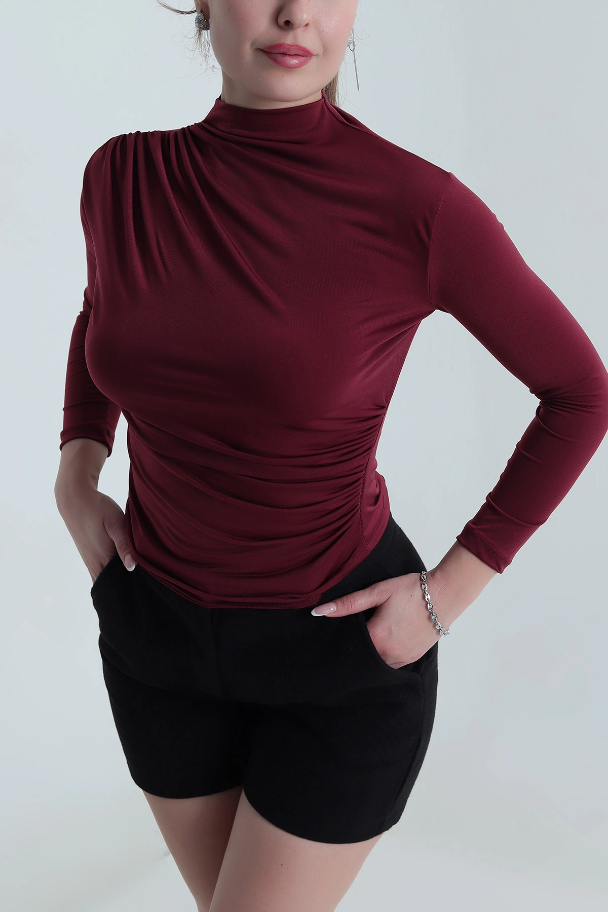 Bordo Yanı Büzgülü Sandy Kadın Bluz 491339