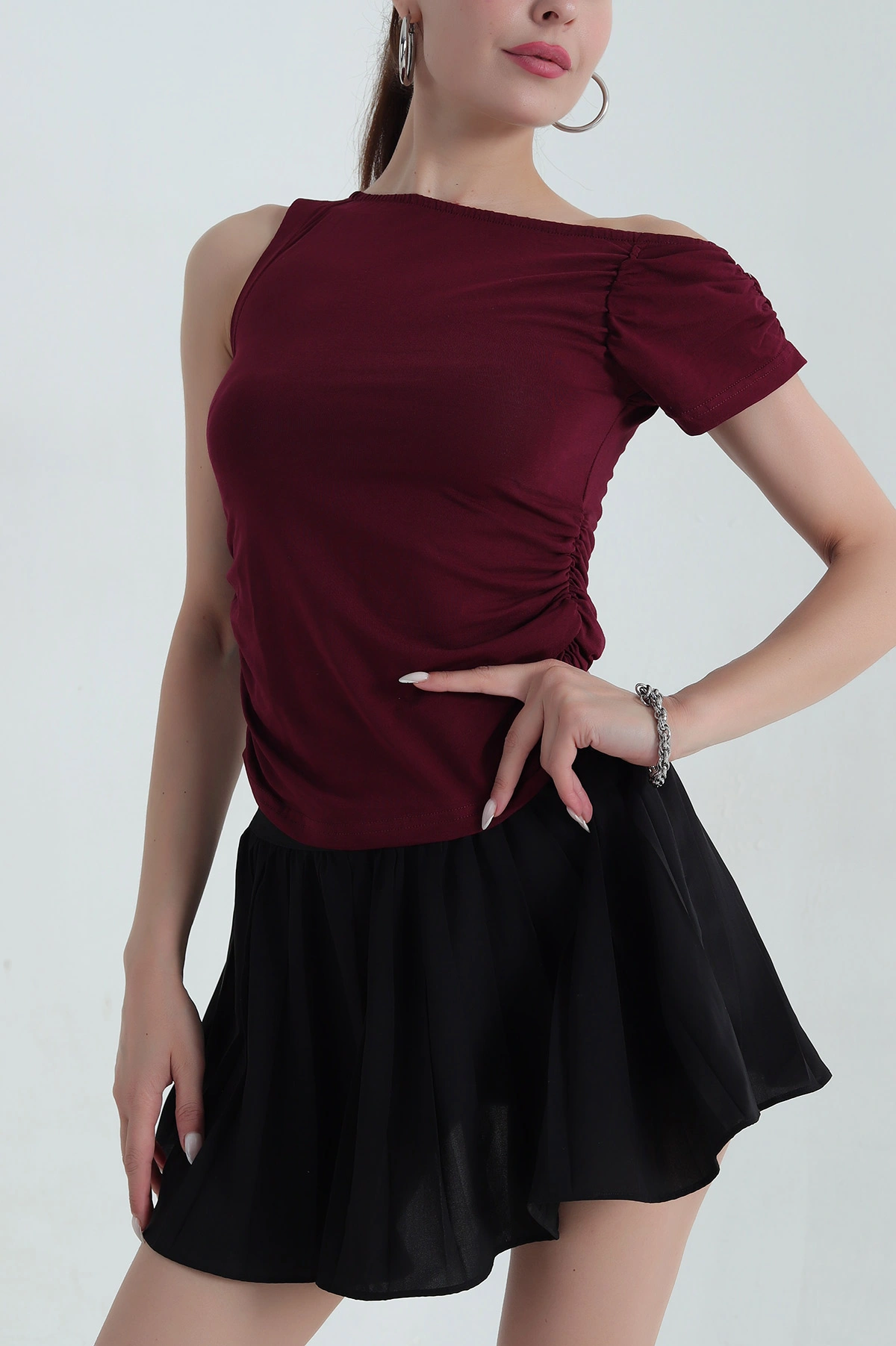 Bordo Yanı Büzgülü Tek Kollu Bluz 378718