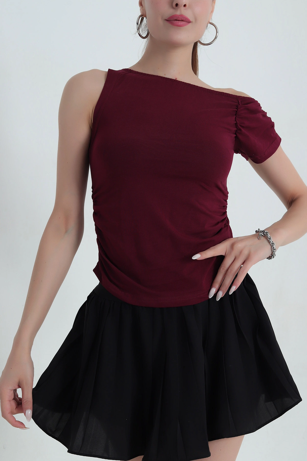 Bordo Yanı Büzgülü Tek Kollu Bluz 378718