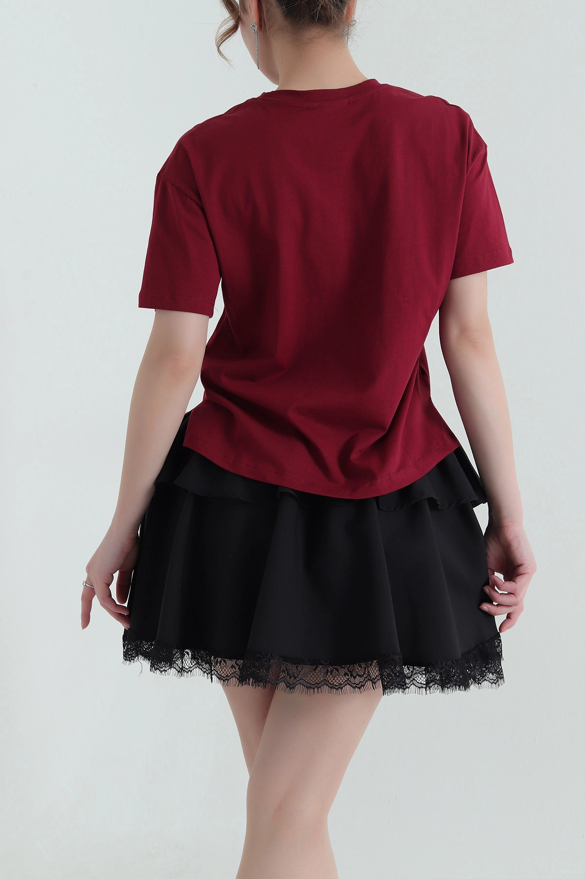 Bordo Yanı Yırtmaçlı Kadın Tişört 435432