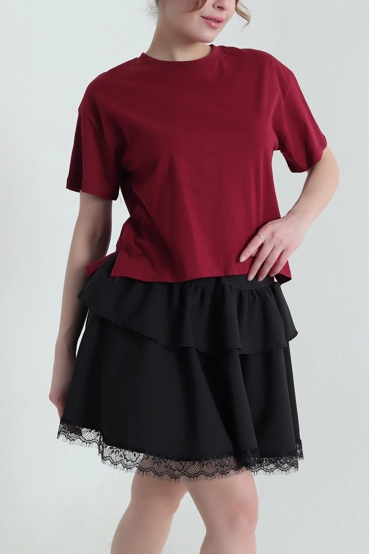 Bordo Yanı Yırtmaçlı Kadın Tişört 435432