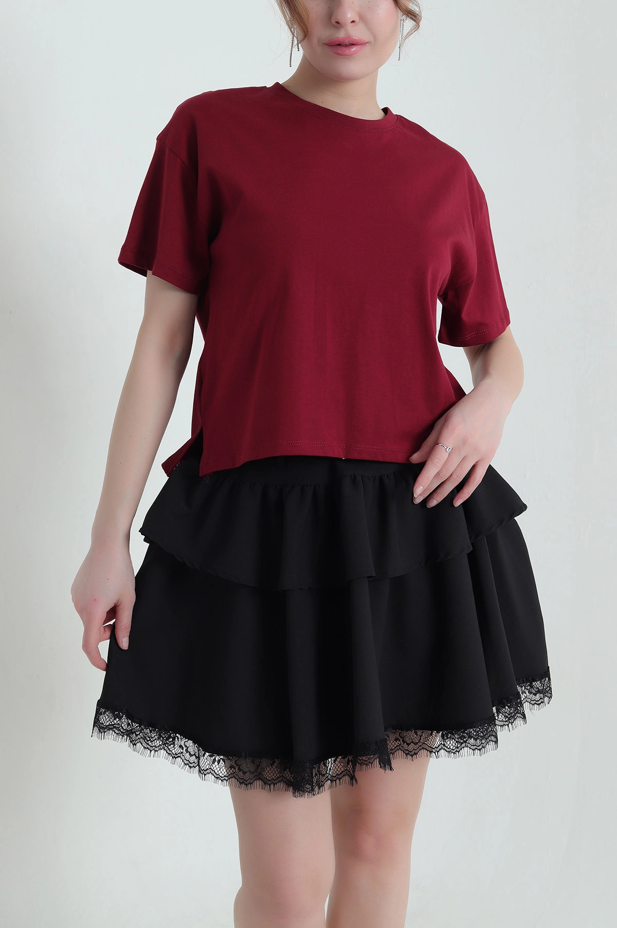 Bordo Yanı Yırtmaçlı Kadın Tişört 435432