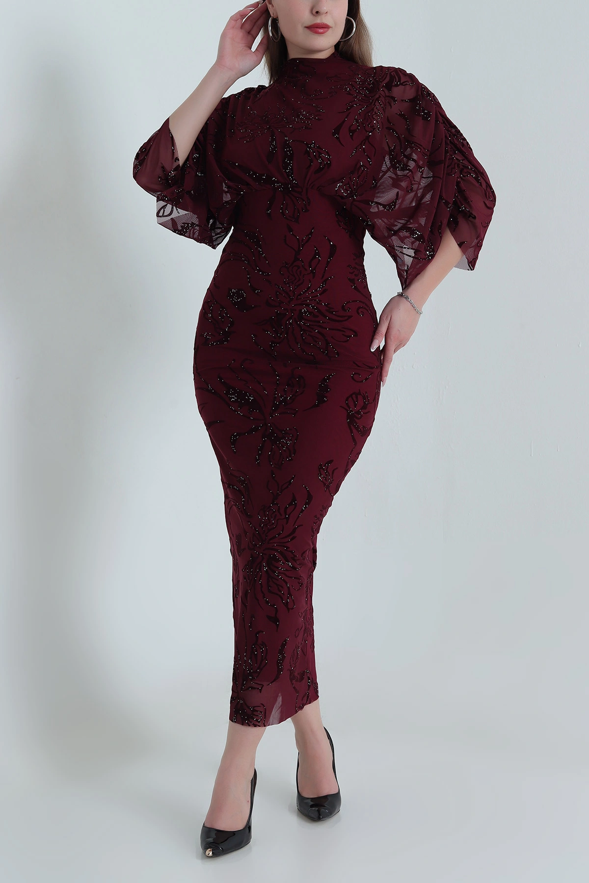 Bordo Yarasa Kol Flok Tül Kadın Elbise 489057