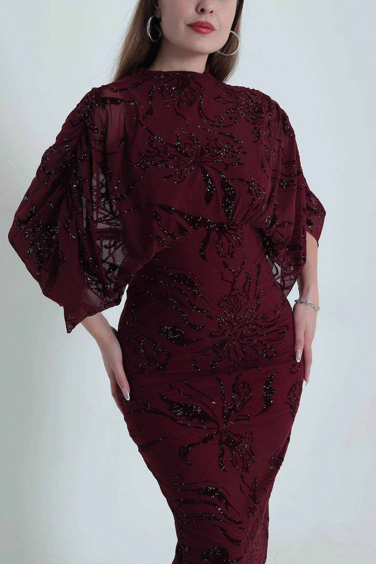 Bordo Yarasa Kol Flok Tül Kadın Elbise 489057