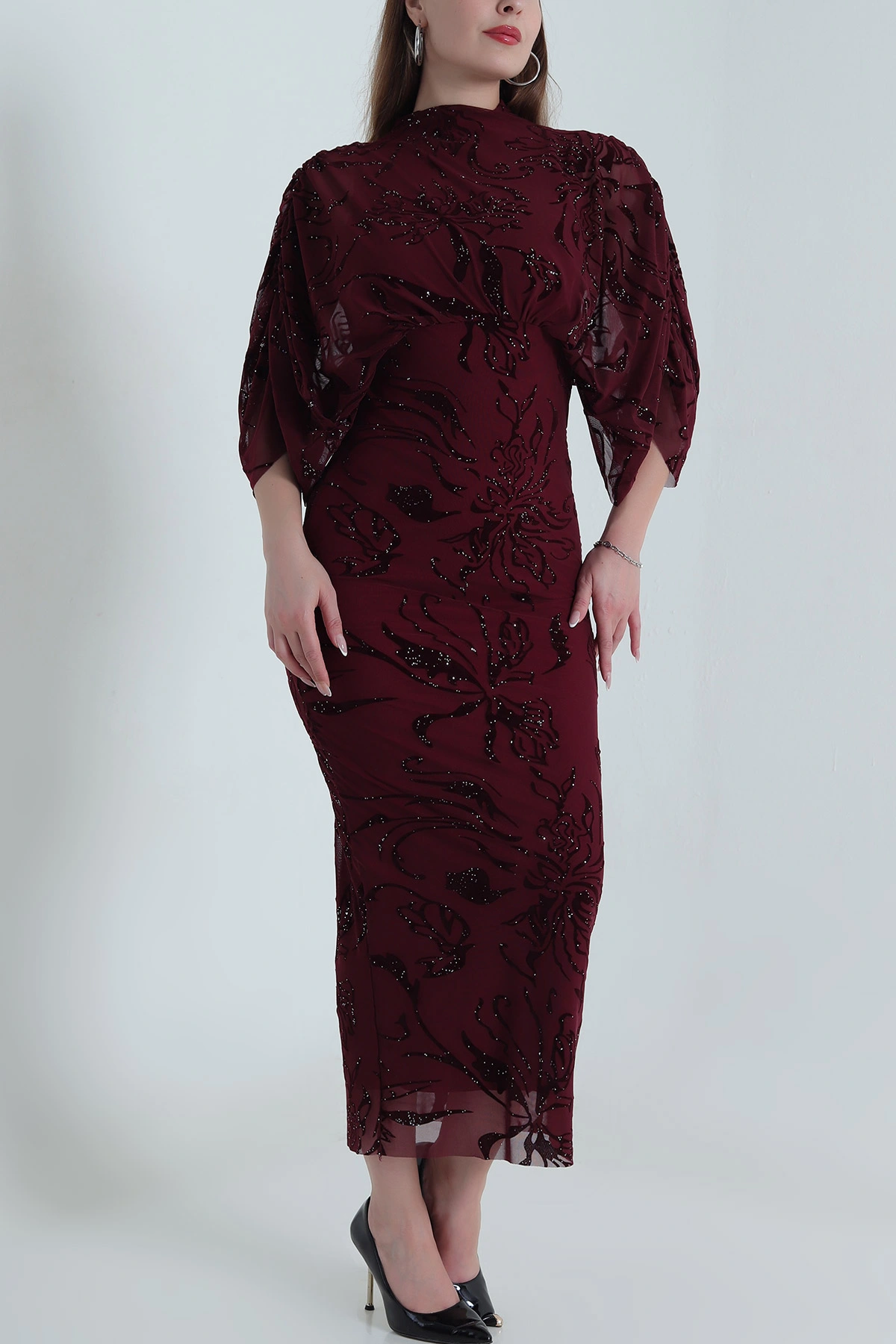 Bordo Yarasa Kol Flok Tül Kadın Elbise 489057