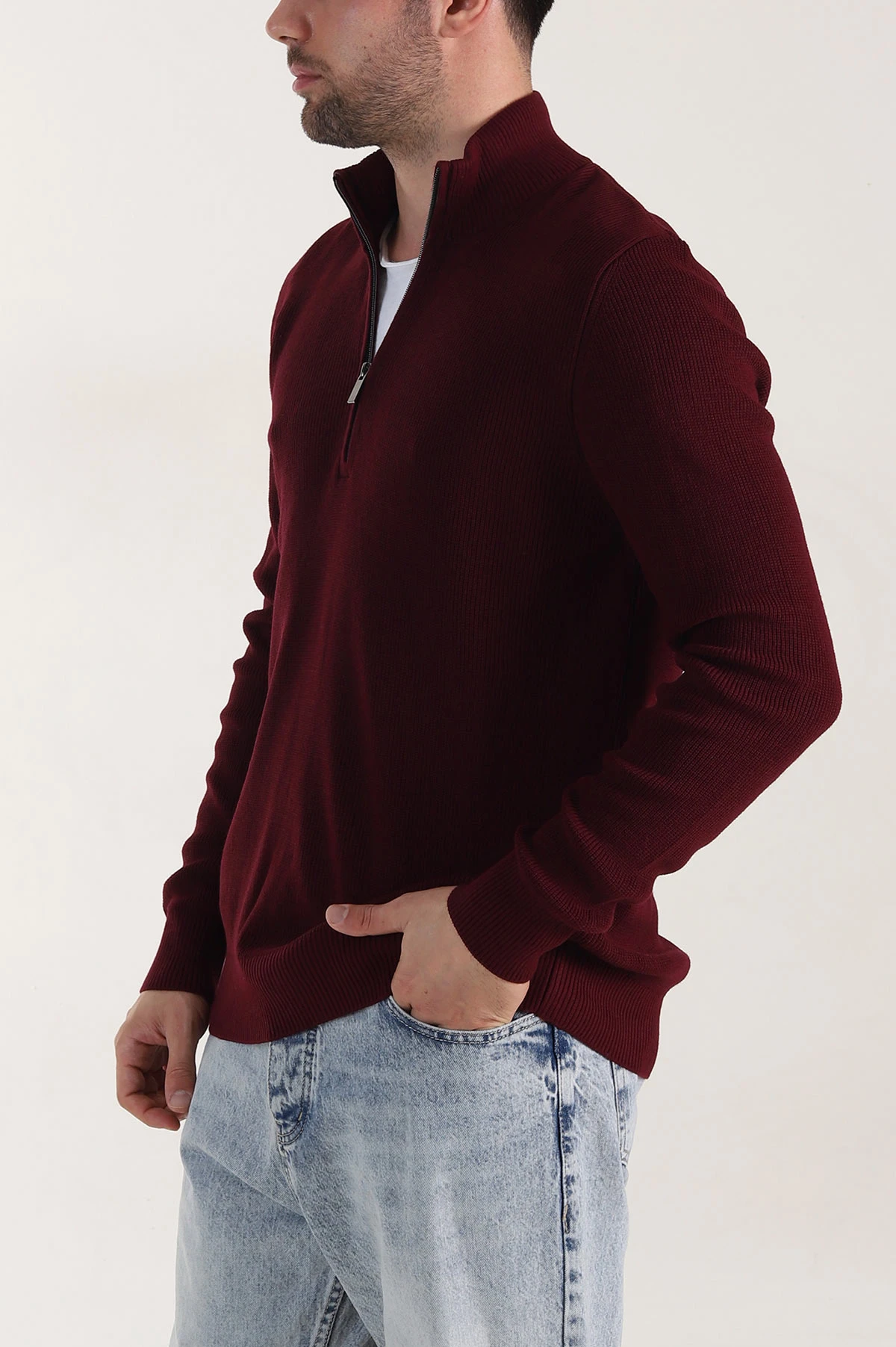 Bordo Yarım Fermuarlı Dik Yaka Erkek Triko Kazak 413354