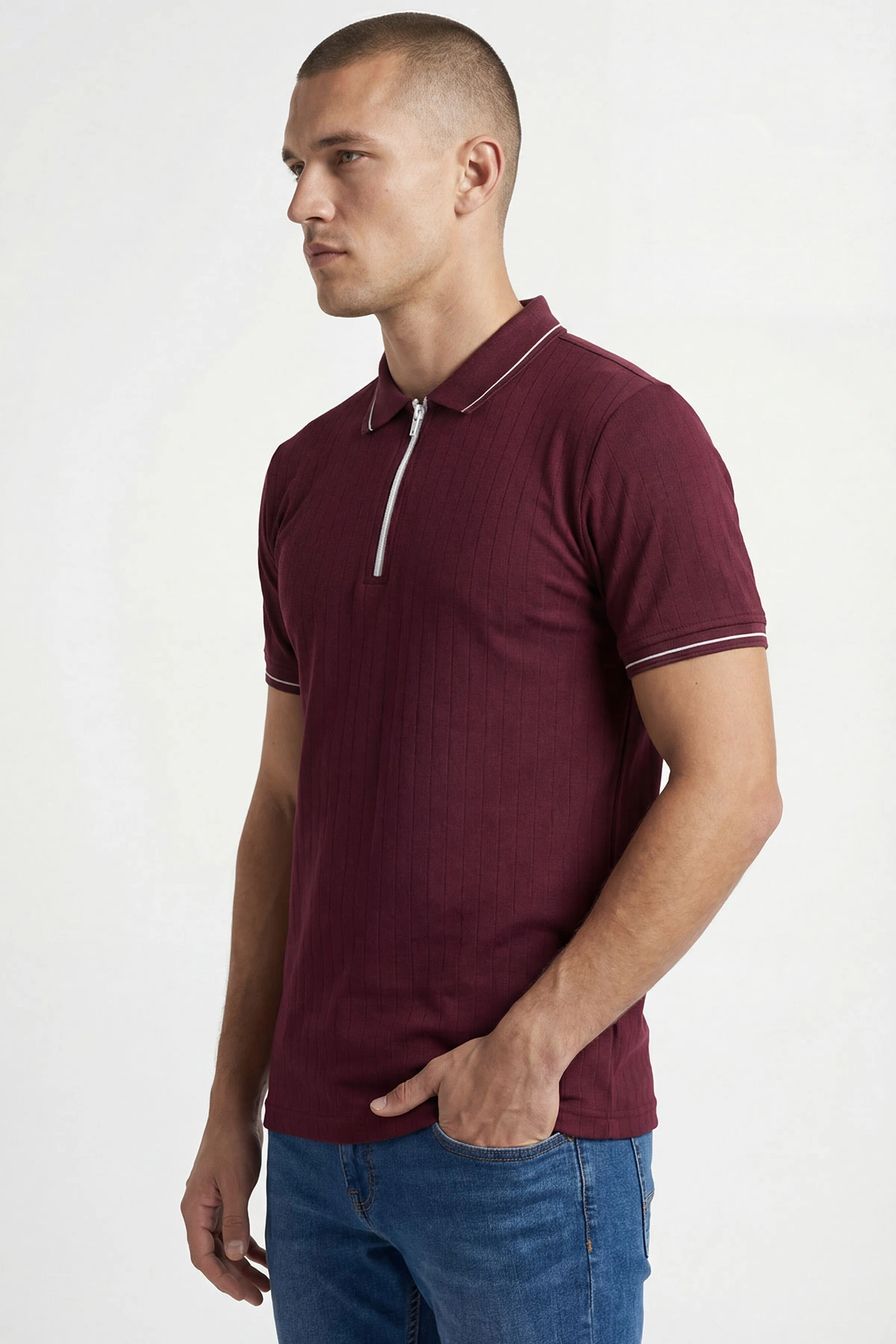 Bordo Yarım Fermuarlı Polo Yaka Erkek Tişört 438836
