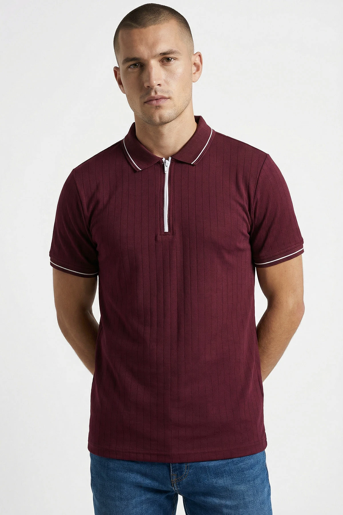 Bordo Yarım Fermuarlı Polo Yaka Erkek Tişört 438836