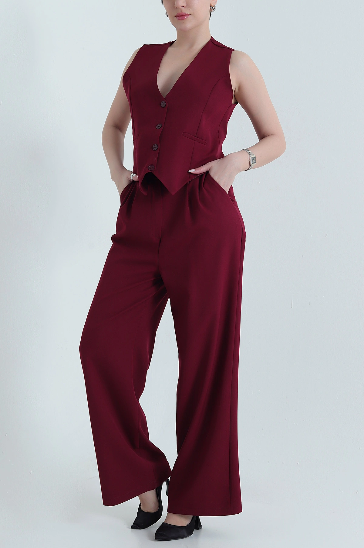 Bordo Yelek Pantolon Atlas Kadın İkili Takım 444223