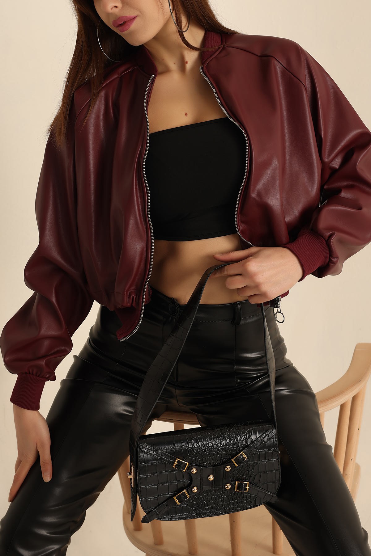 Bordo Yeni Sezon Bayan Deri Mont 223872