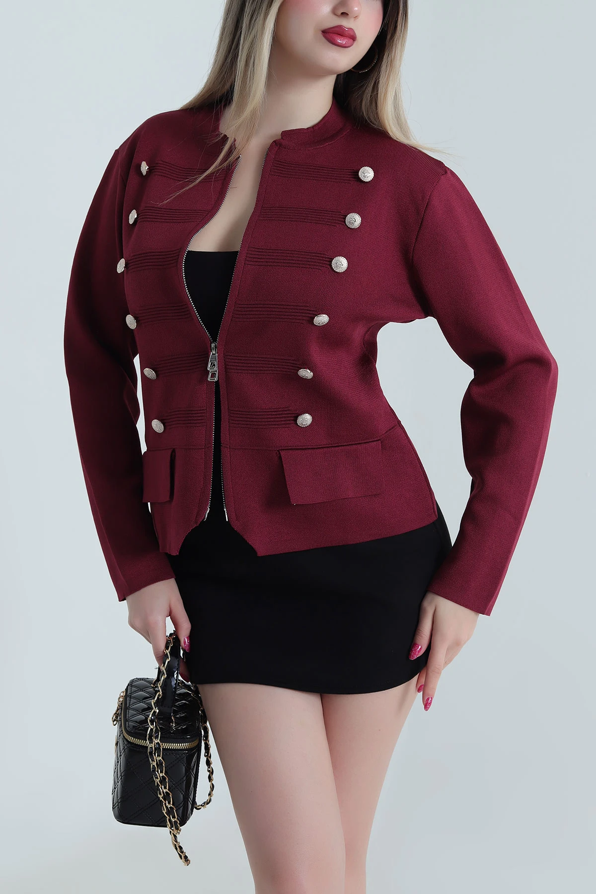 Bordo Yeni Sezon Fermuarlı Triko Kadın Hırka 493492
