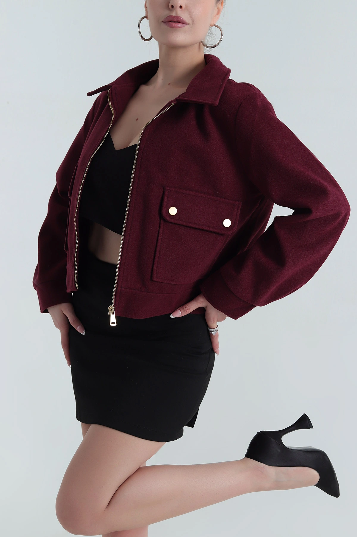 Bordo Yeni Sezon Kadın Kaşe Mont 390689