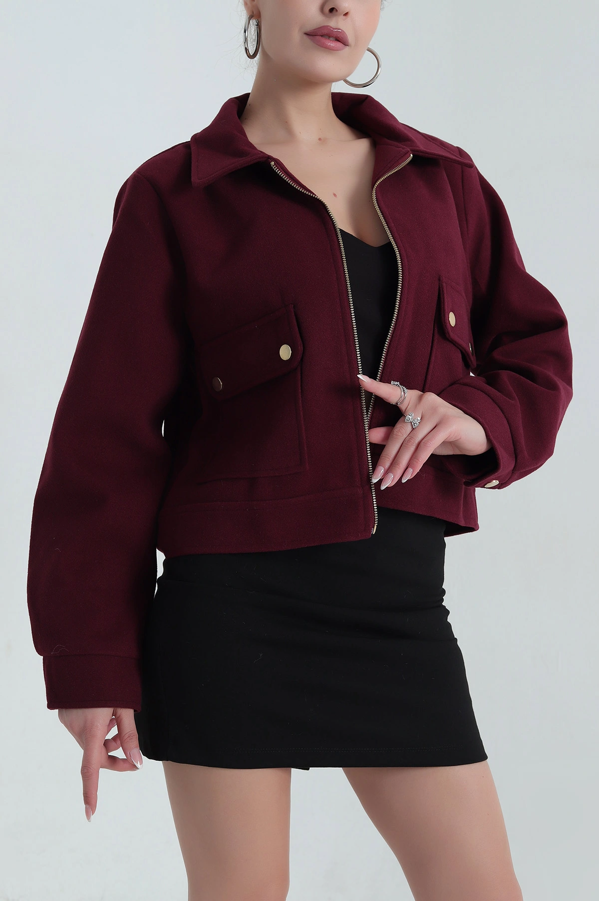 Bordo Yeni Sezon Kadın Kaşe Mont 390689