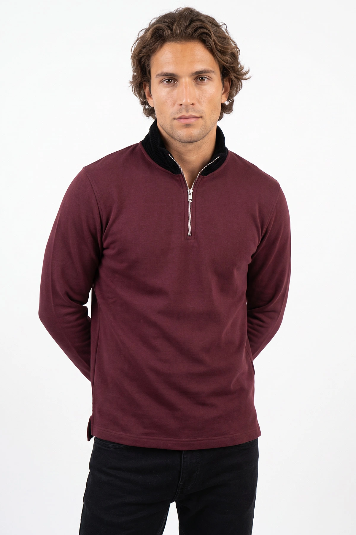 Bordo Yeni Sezon Yarım Fermuarlı Erkek Sweatshirt 501127