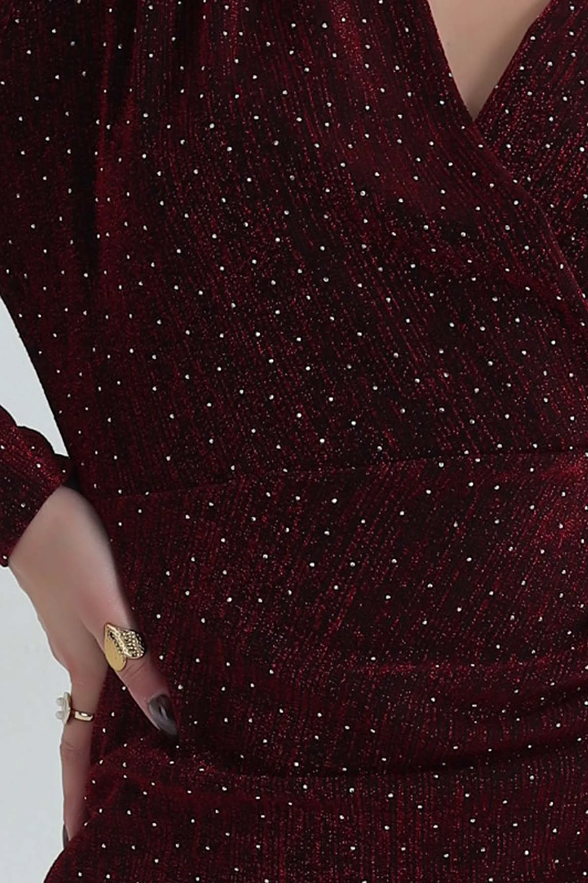 Bordo Yeşili Vatkalı Simli Taşlı Kruvaze Yaka Abiye 407564