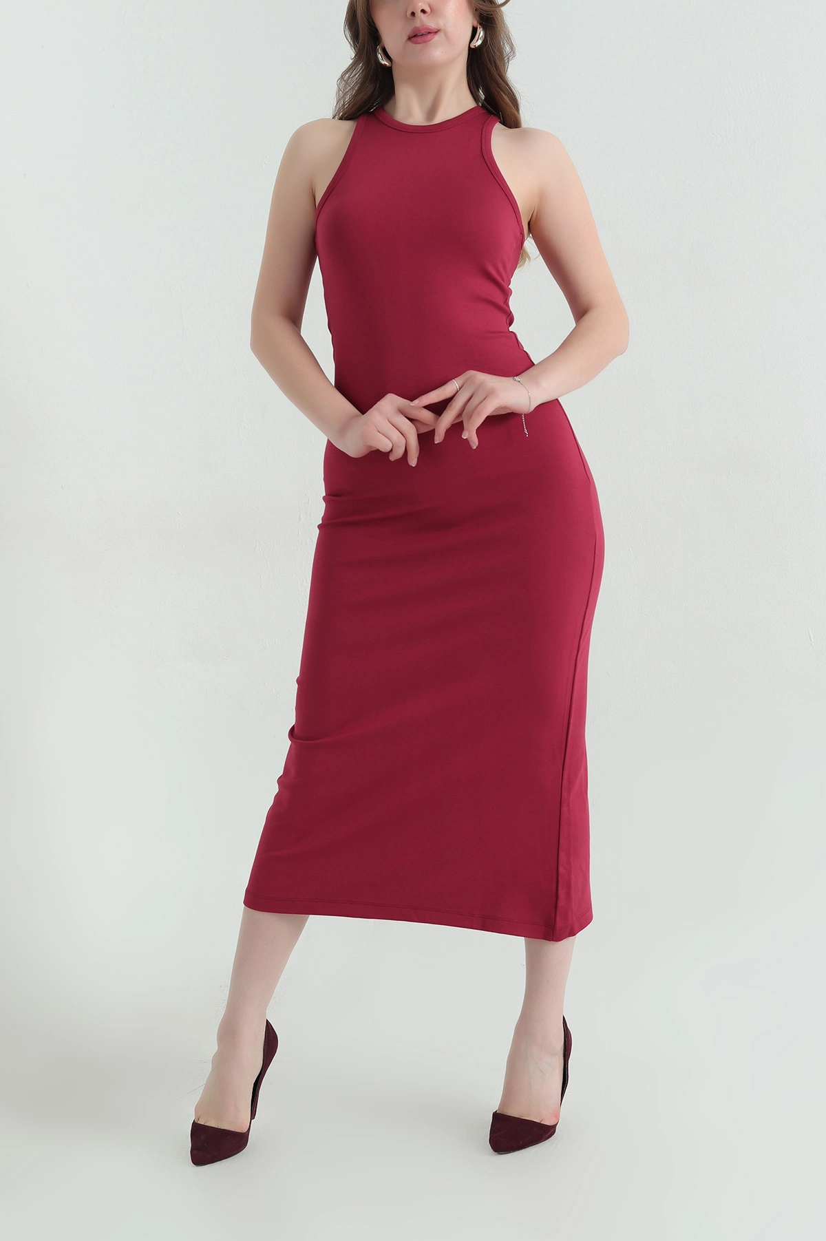 Bordo Yırtmaçlı Askılı Kompak Kadın Elbise 354071