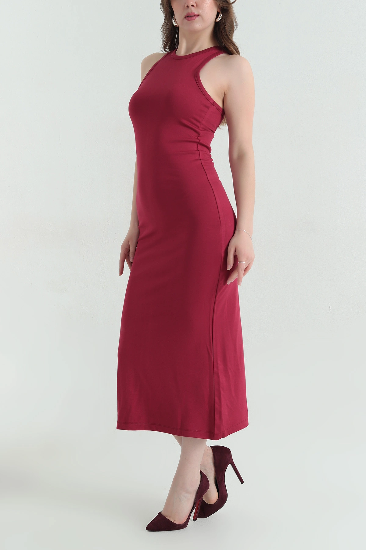Bordo Yırtmaçlı Askılı Kompak Kadın Elbise 354071