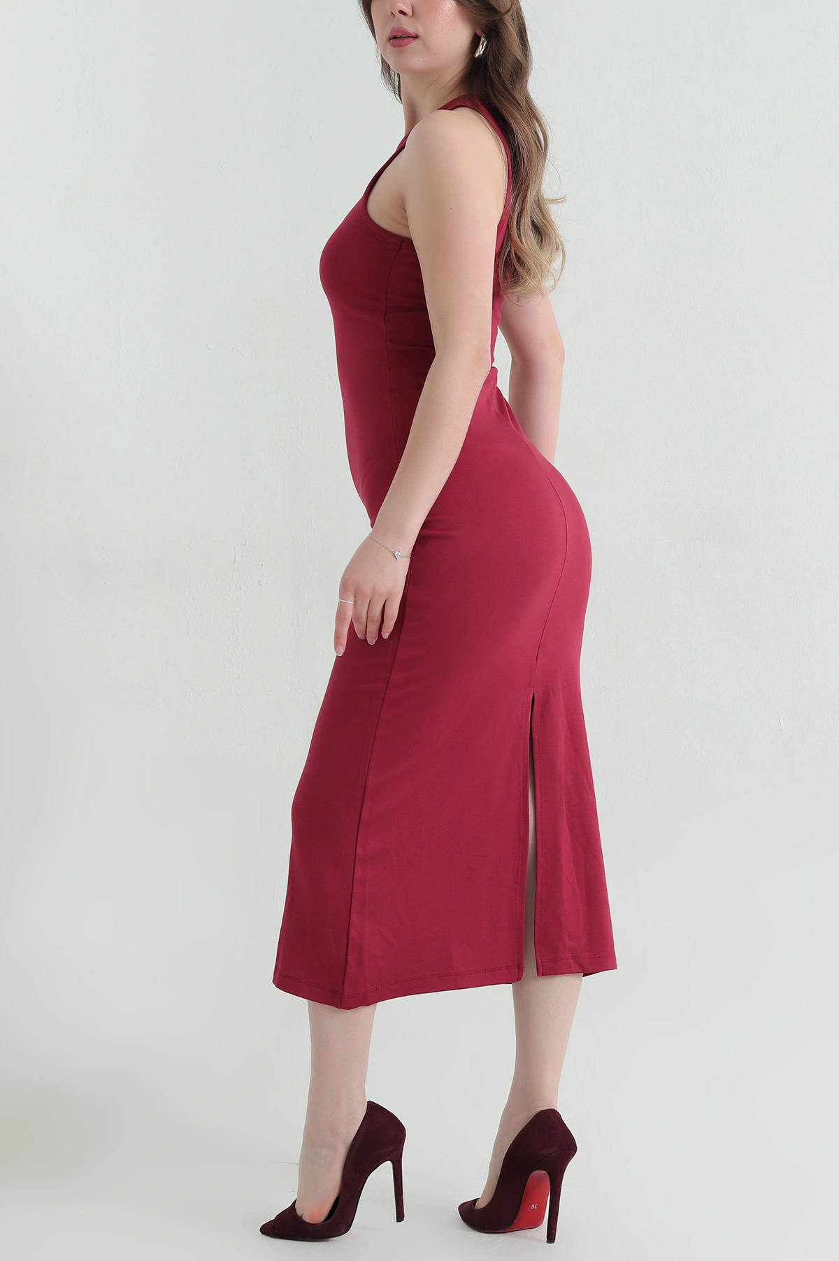 Bordo Yırtmaçlı Askılı Kompak Kadın Elbise 354071