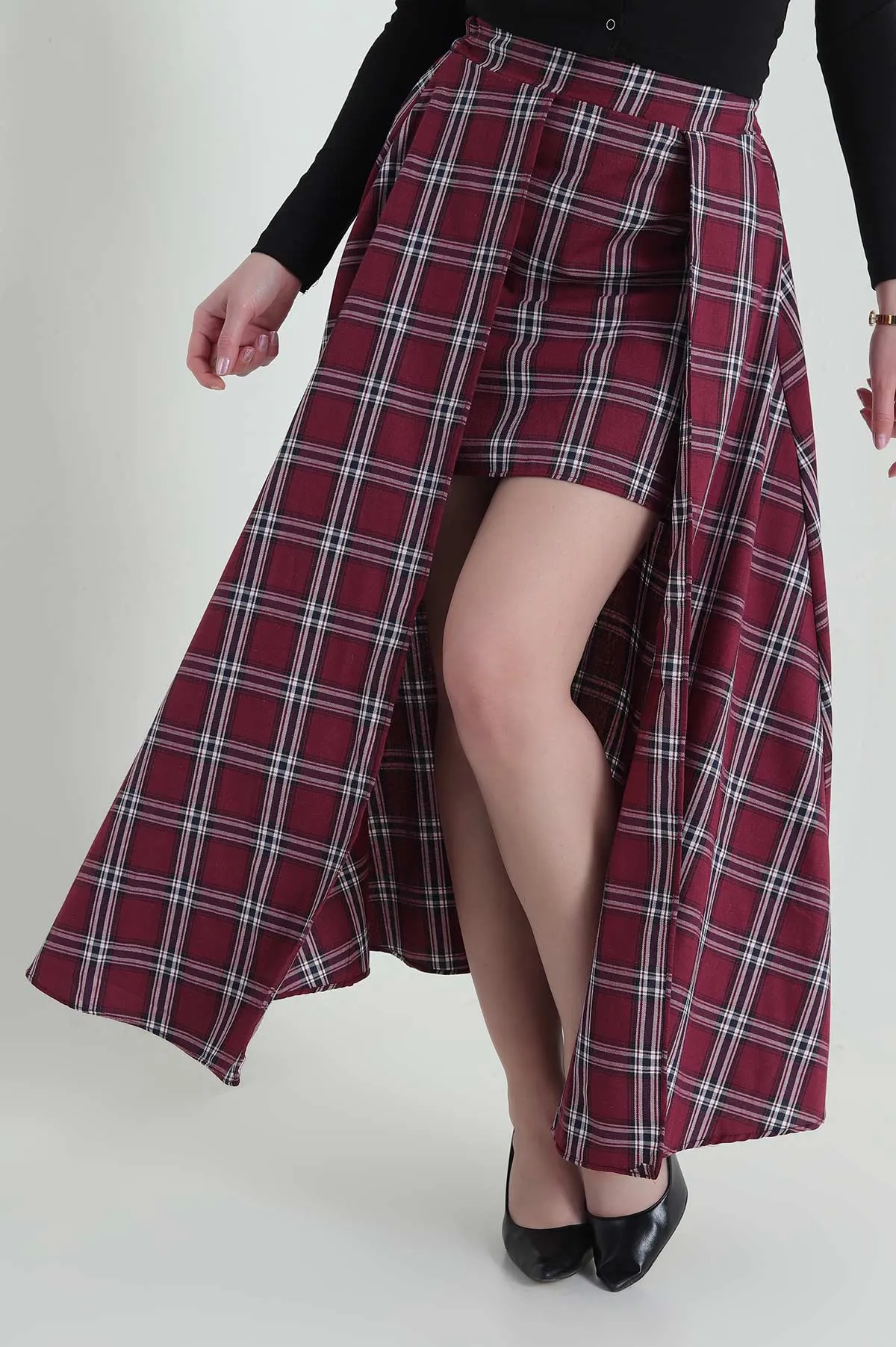 Bordo Yırtmaçlı Ekose Kadın Etek 433221