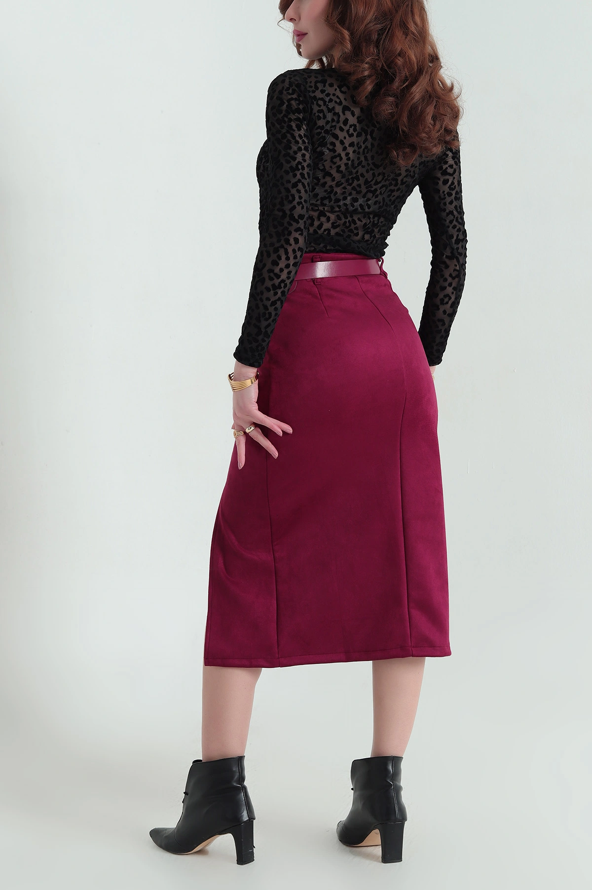 Bordo Yırtmaçlı Fermuarlı Süet Etek 332944